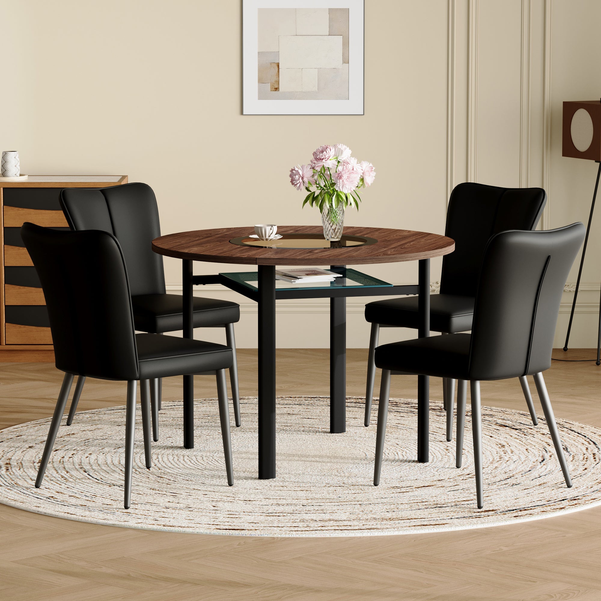 Dining Table Set, Round 100cm Wood Look with 4 Chairs, Black PU