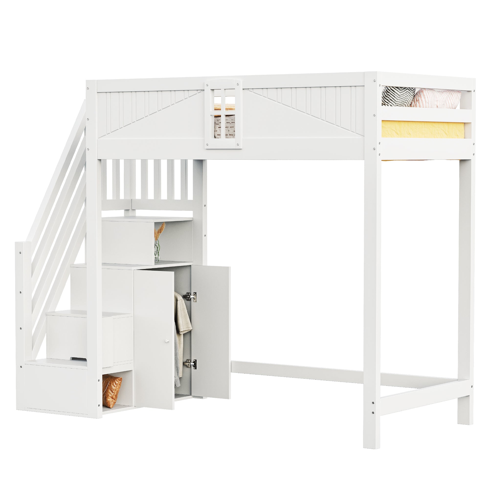 Loft Bed, Multifunctional with Safety Door & Storage, Solid Wood White