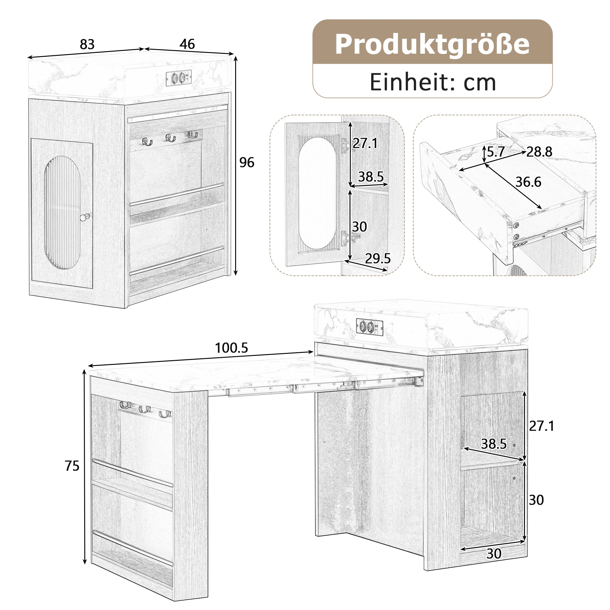 Kitchen Island with Wheels, Extendable Folding Tabletop, Power Strips & Hooks - White