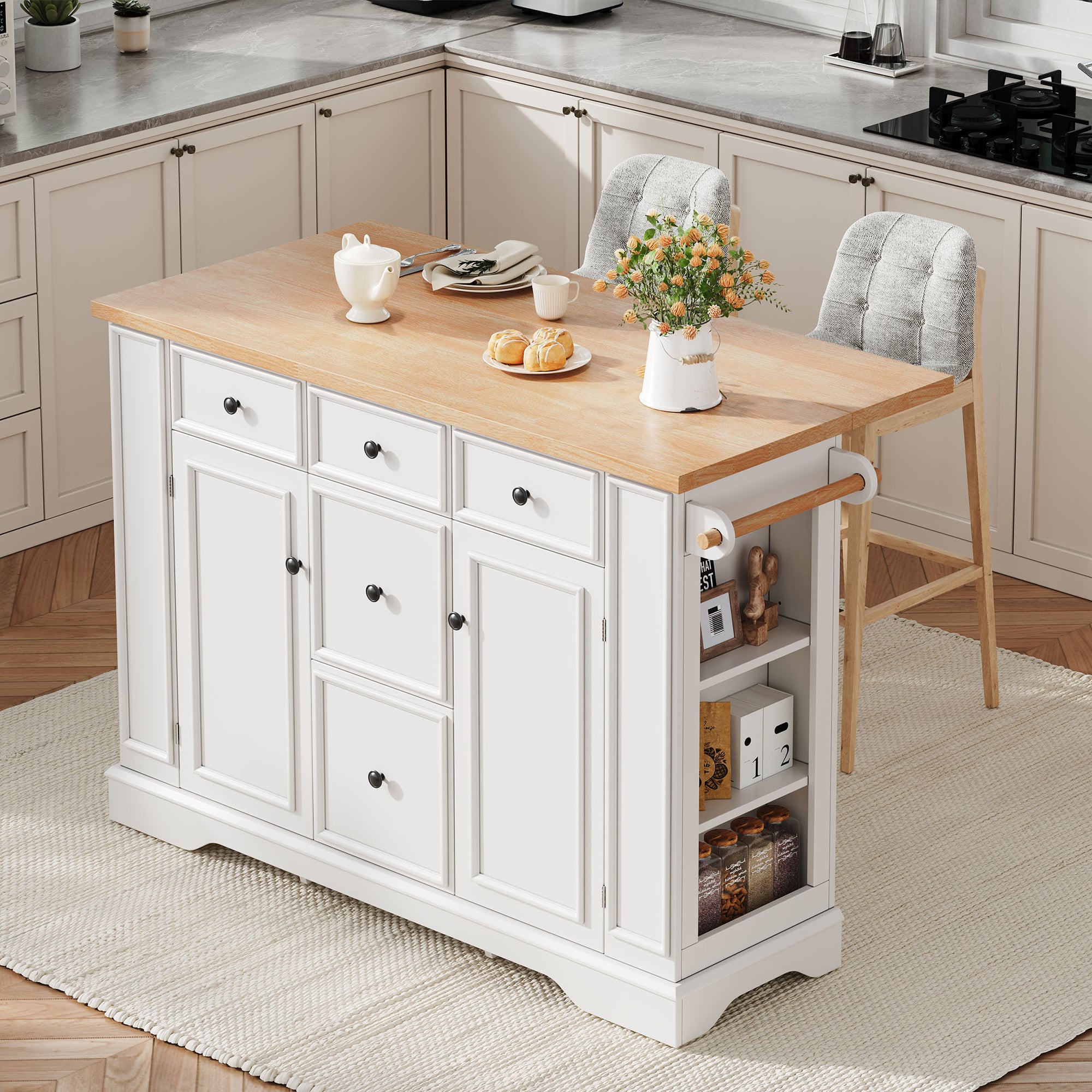 Extendable Kitchen Island with Drawers, Shelves & Power Strips - White