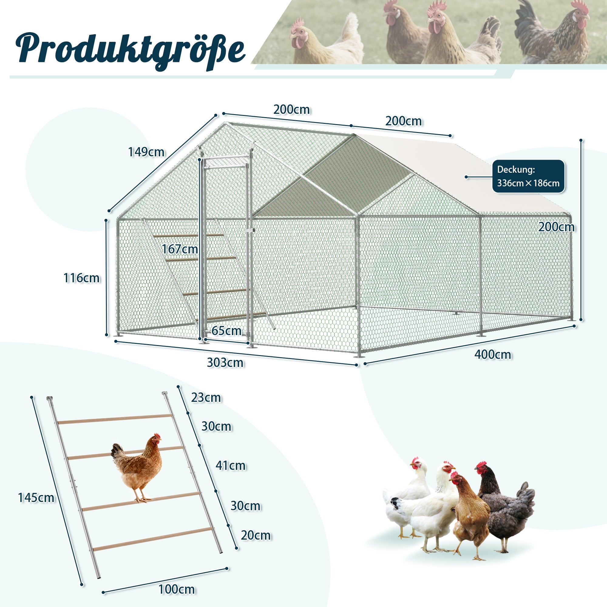 Chicken Coop 3x4m Perch Ladder Safety Lock UV Cover - Reinforced Steel