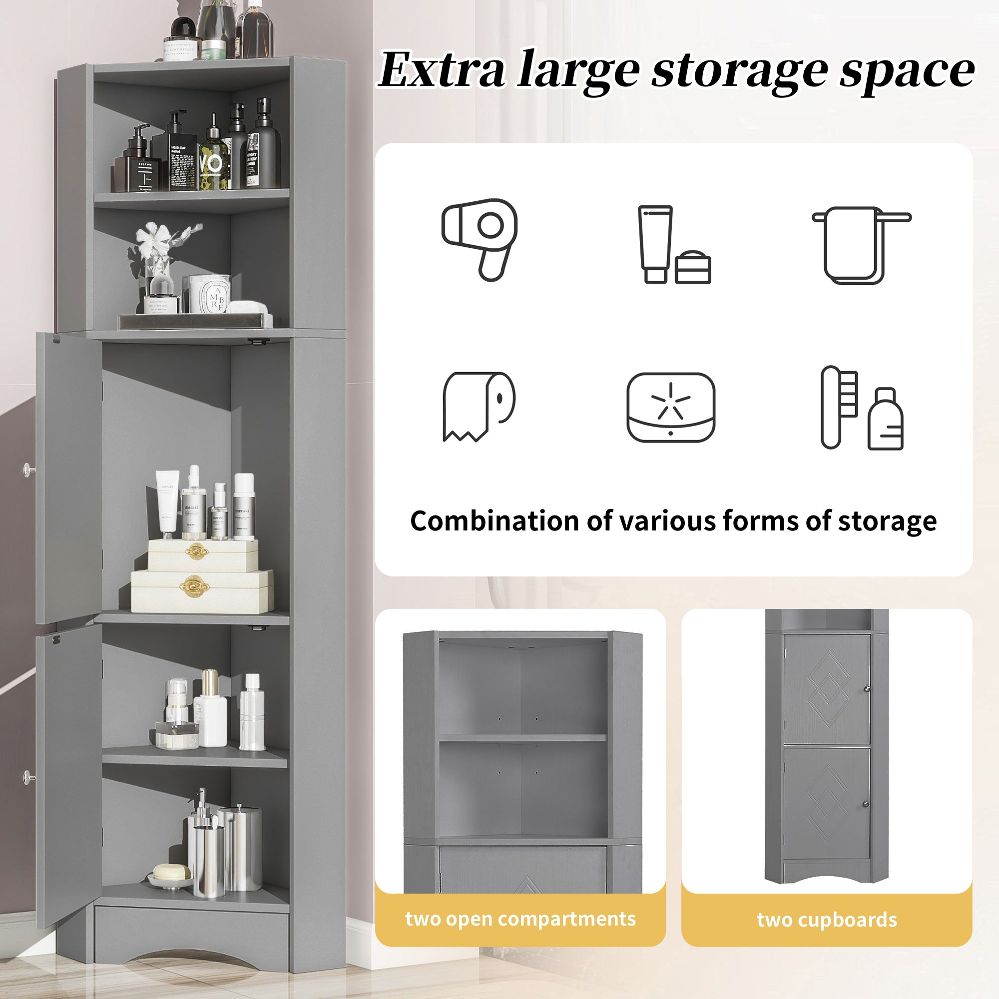 Bathroom Cabinet, Corner with Adjustable Shelf & Storage, Light Grey