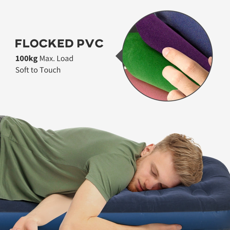 Single Air Bed Inflatable Flocked Mattress with Hand Pump, Blue