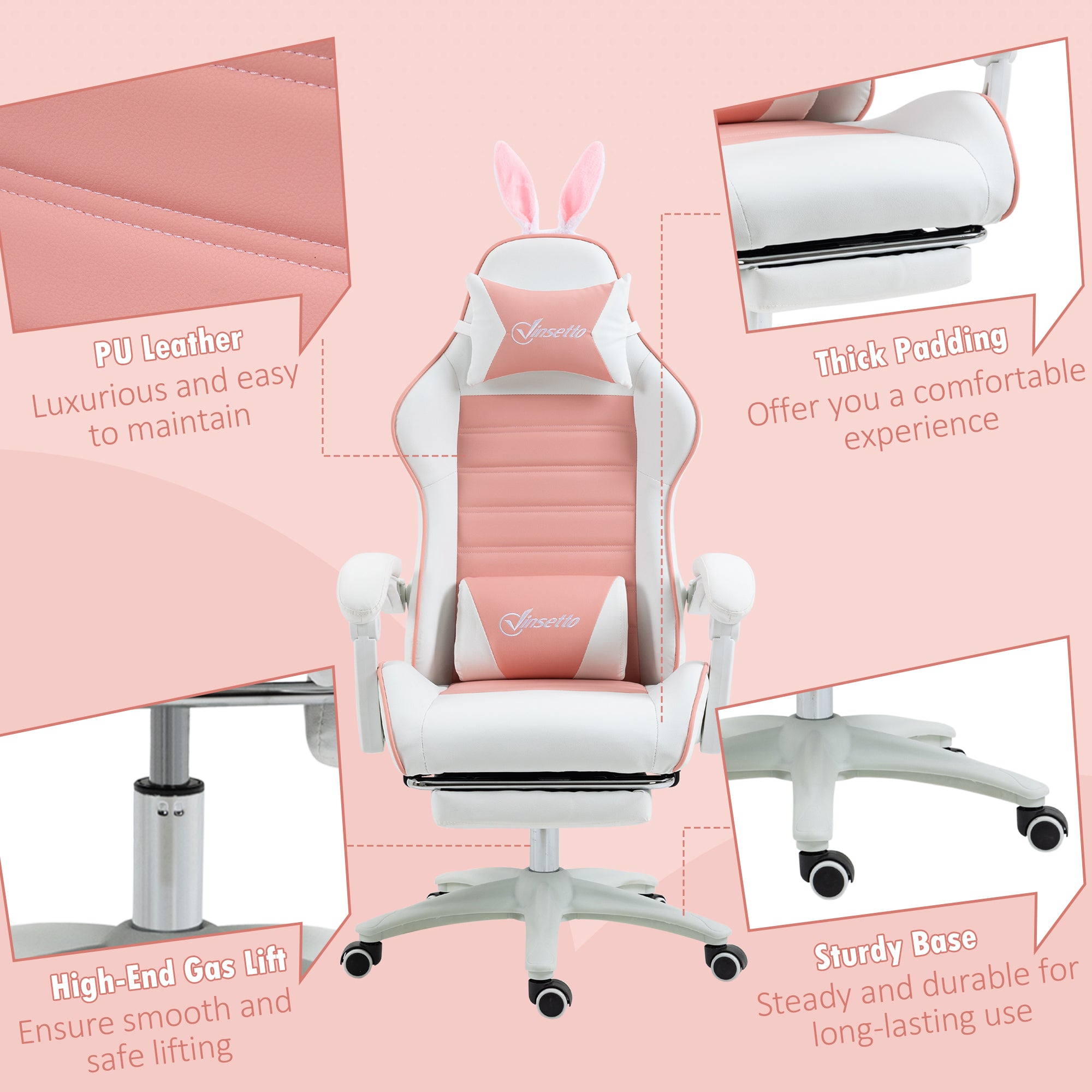 Racing Gaming Chair Reclining with Rabbit Ears Footrest Pink PU Leather