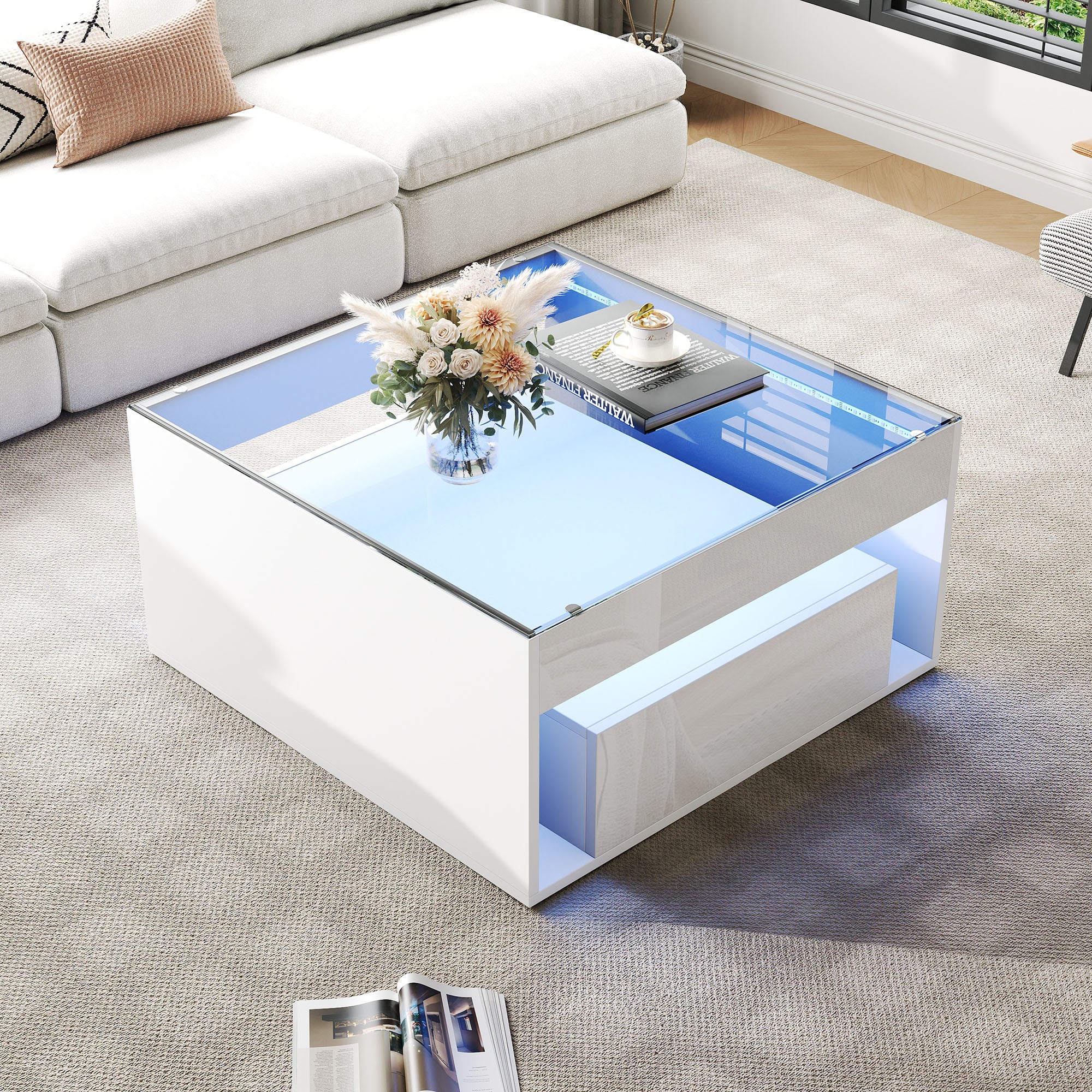 Coffee Table 70x70x35cm High-Gloss LED 2 Drawers Tempered Glass White