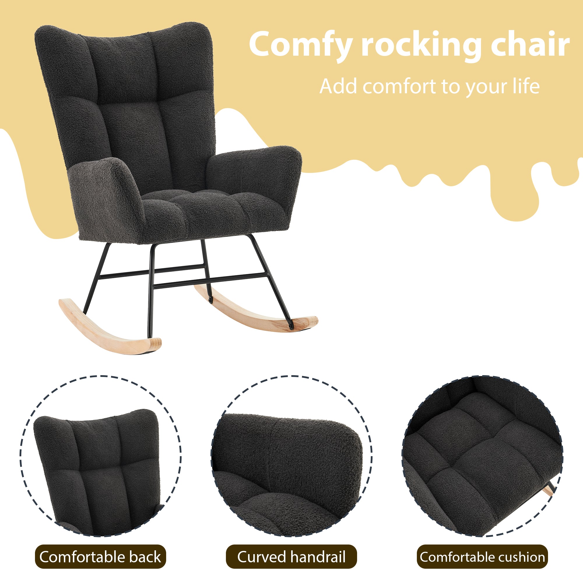 Modern Rocking Chair, High Backrest Armrests, Grey