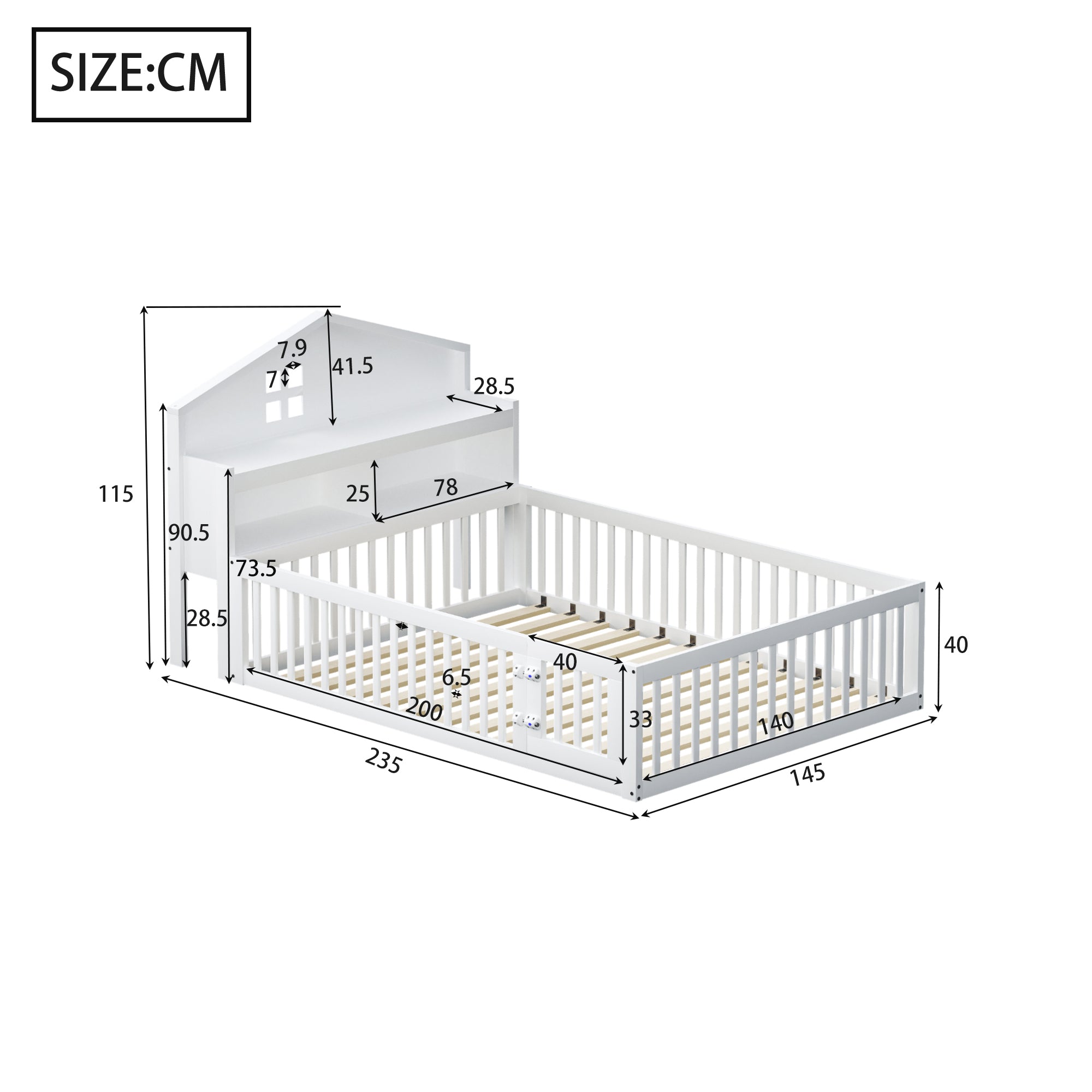 Children's Bed 140x200, Solid Wood House Frame with Shelves & Storage, White