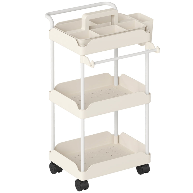 Storage Trolley 3 Baskets Towel Rack Wheels White
