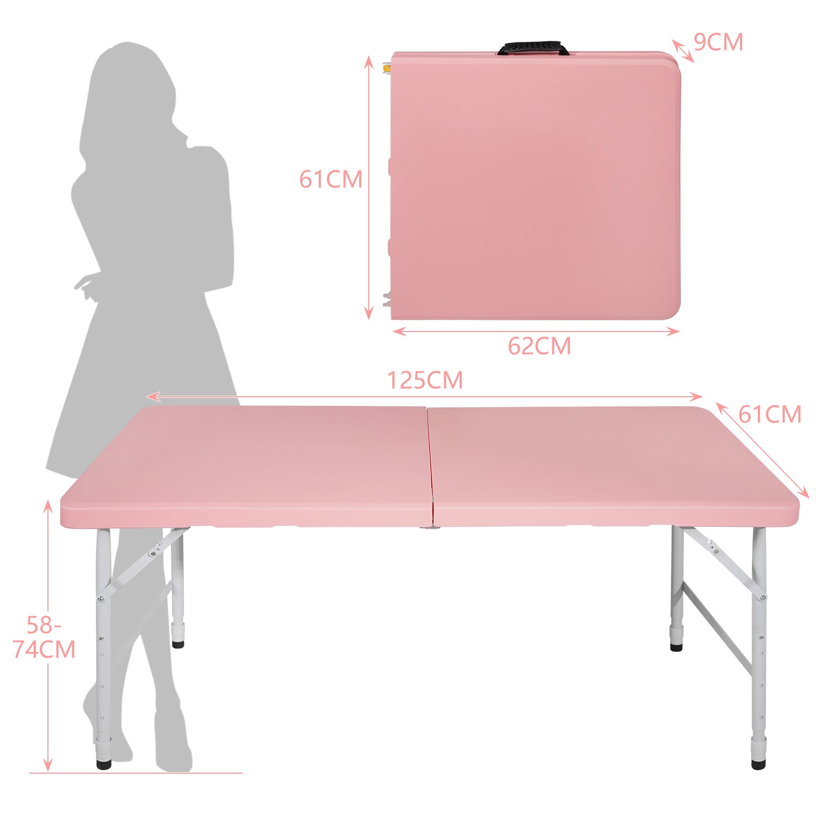 Portable Heavy Duty Folding Table 125cm with Handle, Adjustable Height, Multi-Functional for Camping Picnic Parties, 135kg Capacity, Pink