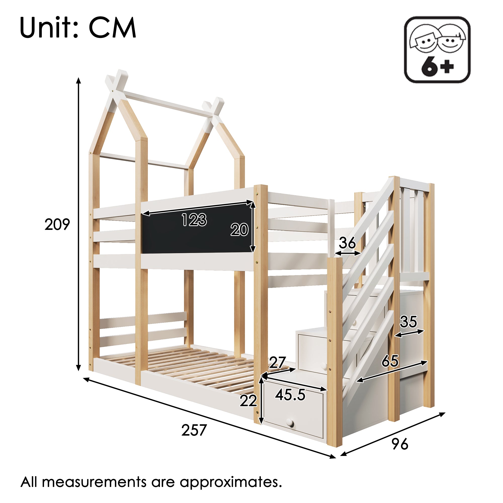 Bunk Bed 90x200, Treehouse Design with Blackboard, Storage, Fall Protection, Loft Bed for Kids, 2x Slatted Frames - Natural & White