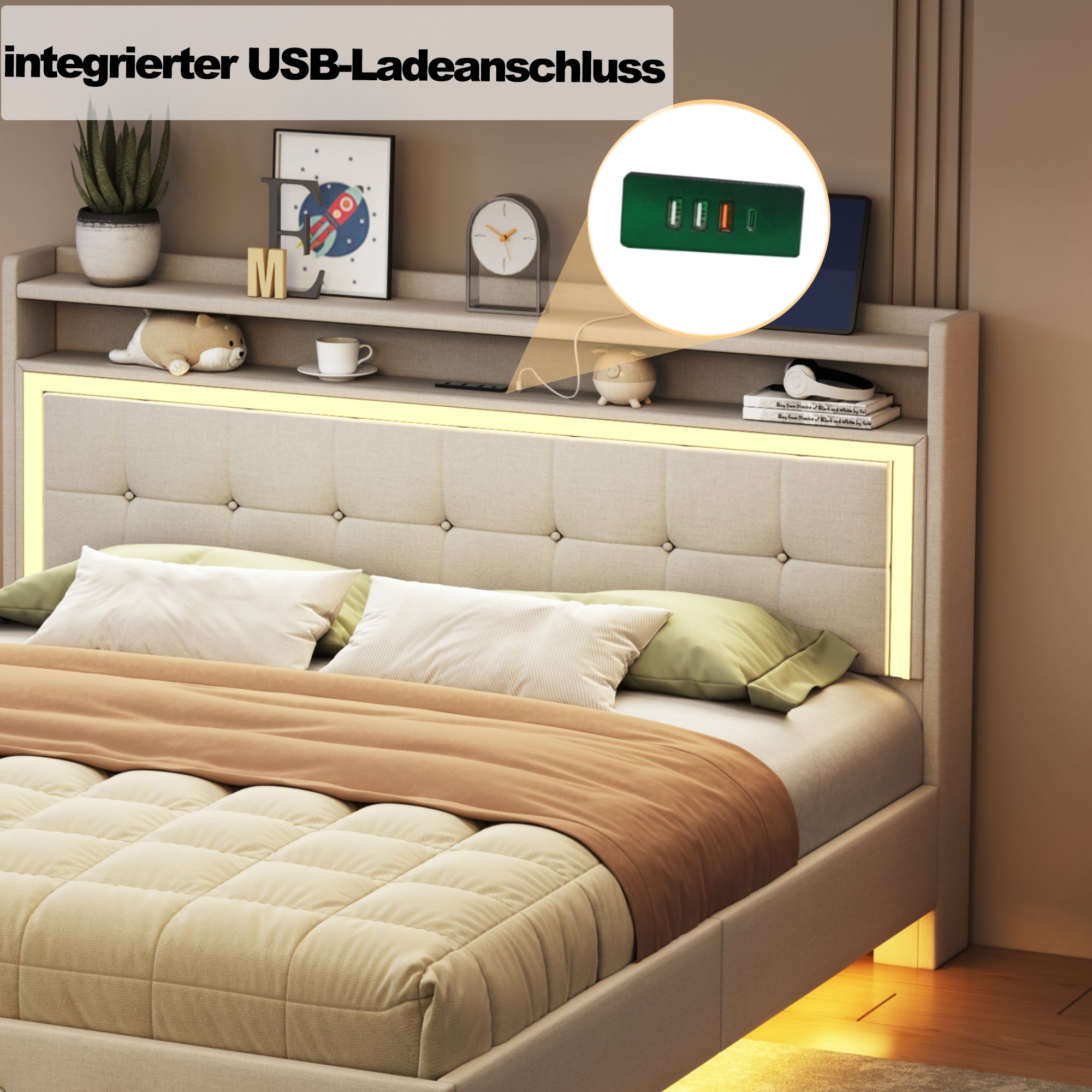 Upholstered Bed 140*200 with USB & LED Light, Linen Beige