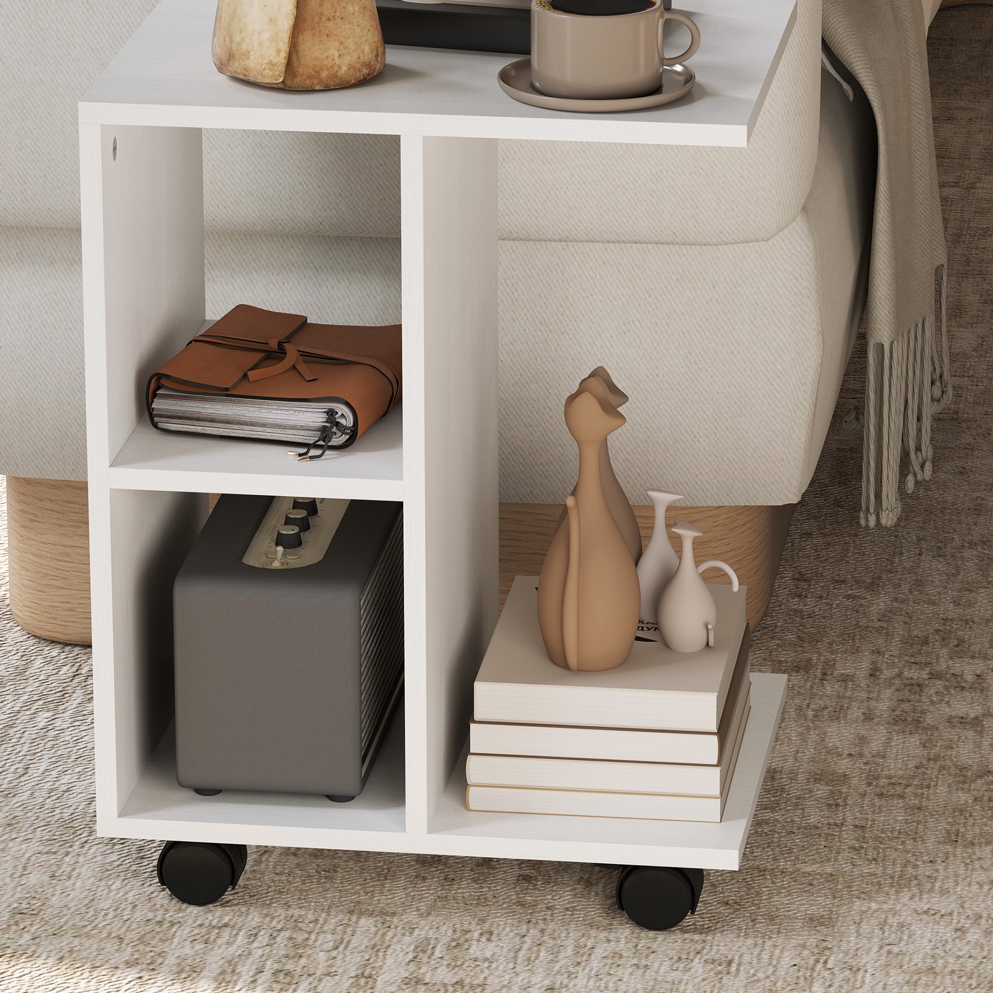 C-shaped Side Table Portable with Wheels 45 x 35 x 58 cm, White
