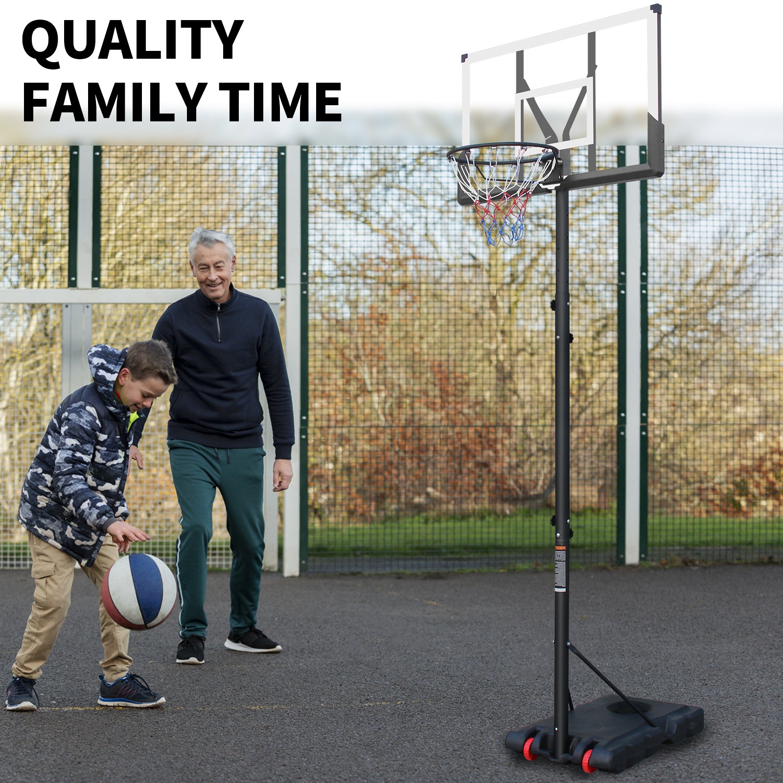 Outdoor Basketball Hoop with Height Adjustment and Rust-Proof Coating, White Silk-Screen Design