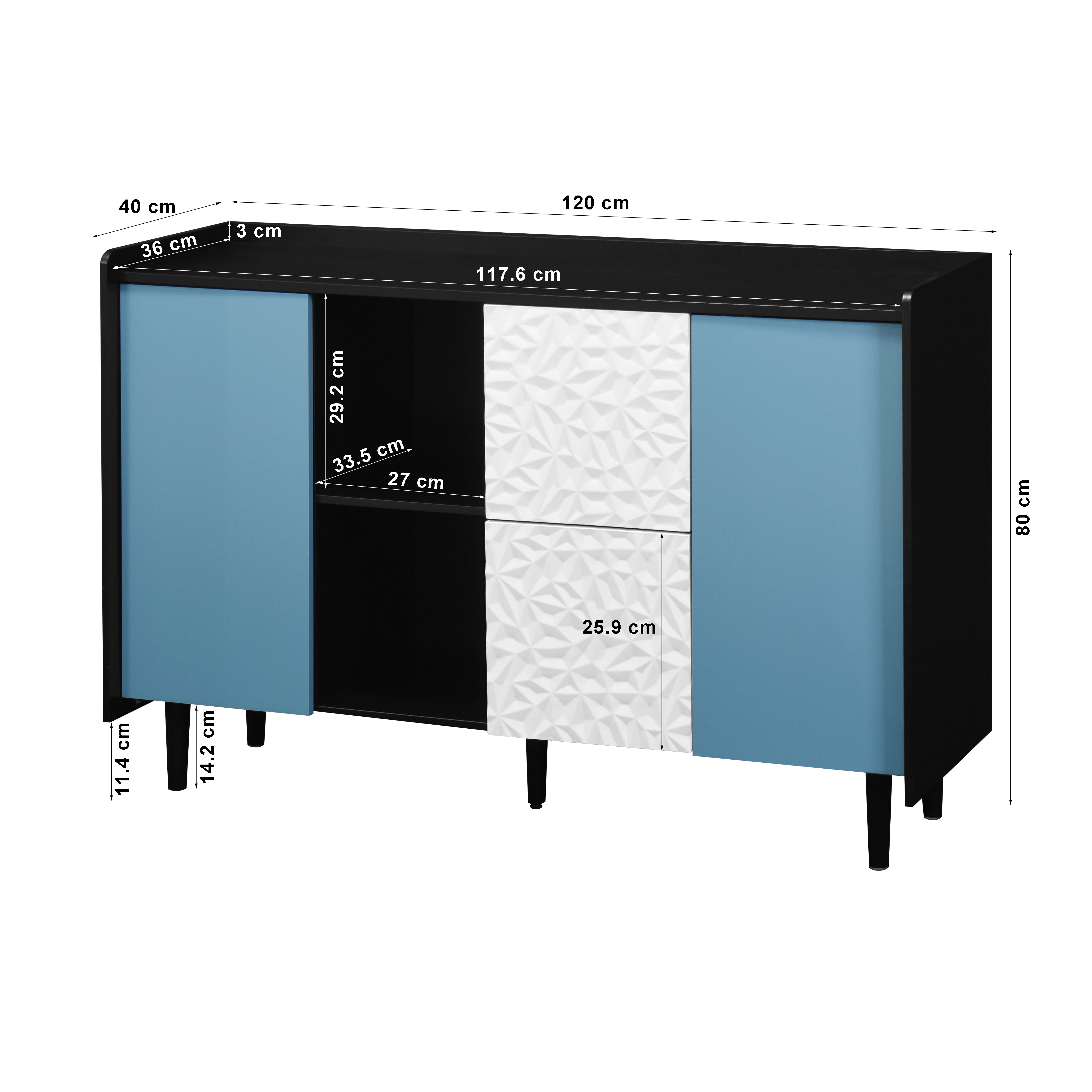 Sideboard Buffet Cabinet with Unique Panel Blue Doors, 2 Drawers Open Storage, Black