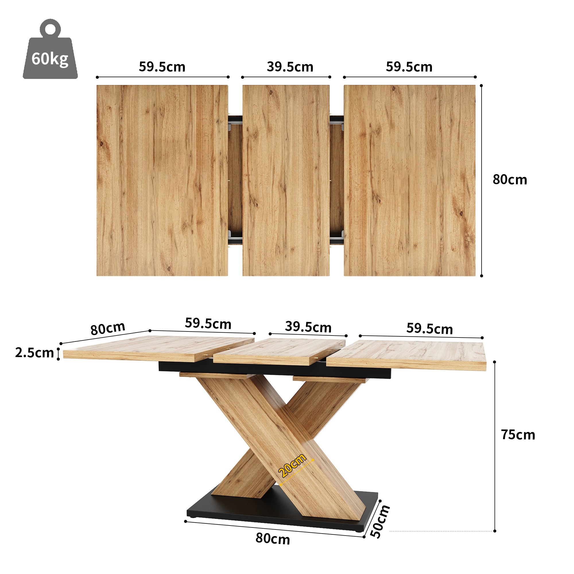 Telescopic Dining Table, Extendable 119-158.5cm Kitchen/Living Room, Wood-Colored