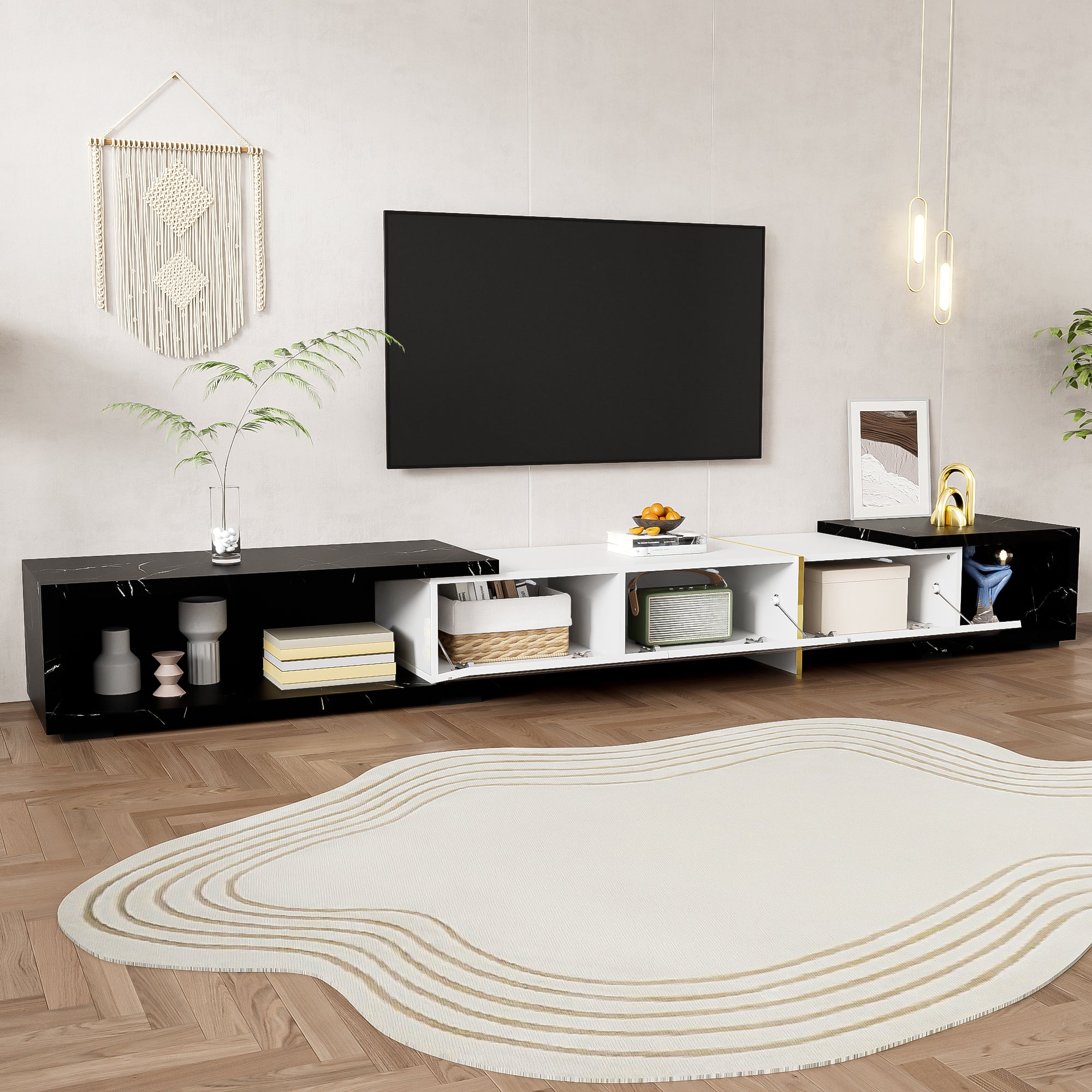 TV Cabinet, Adjustable Length (140-260 cm) Swivel, Black Marble, White High-Gloss Matte, Gold Trim