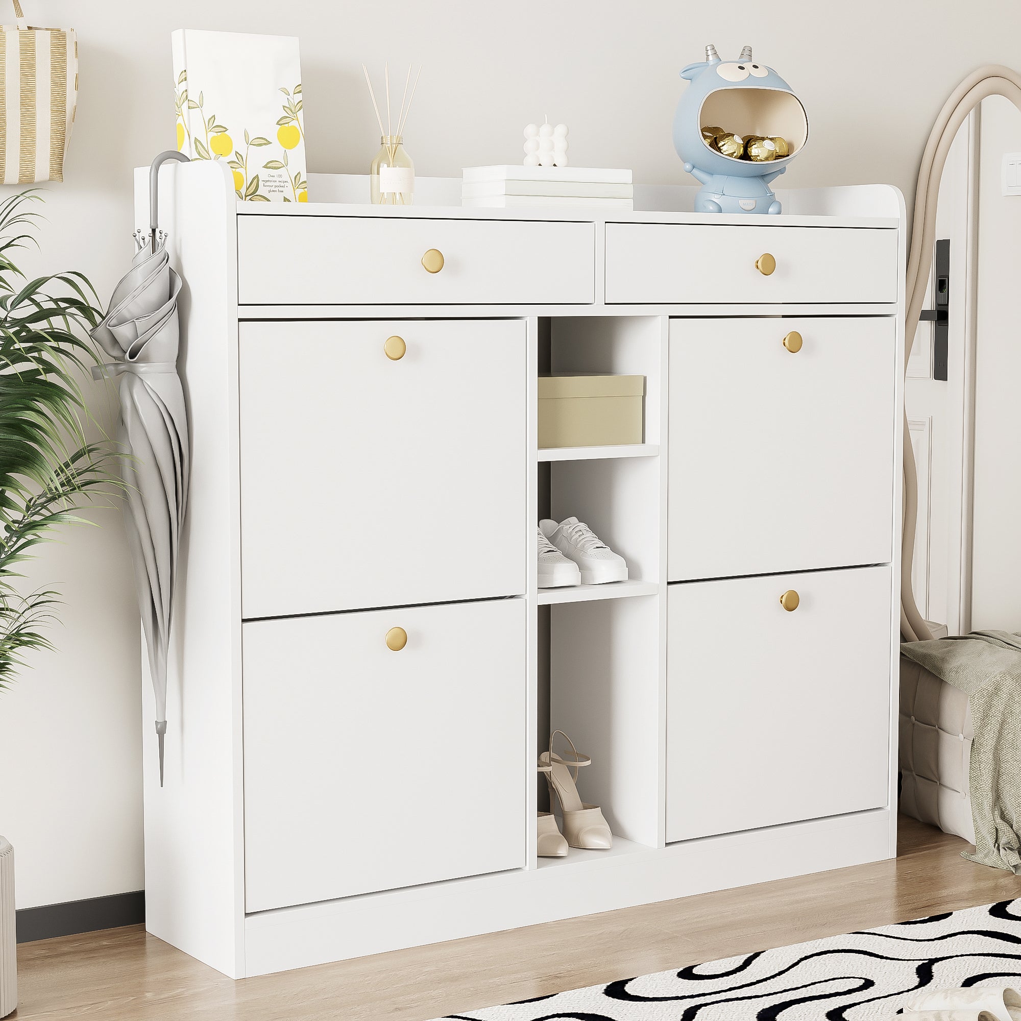 Shoe Cabinet with 4 Hinged Doors, 2 Drawers, 3 Open Compartments, White