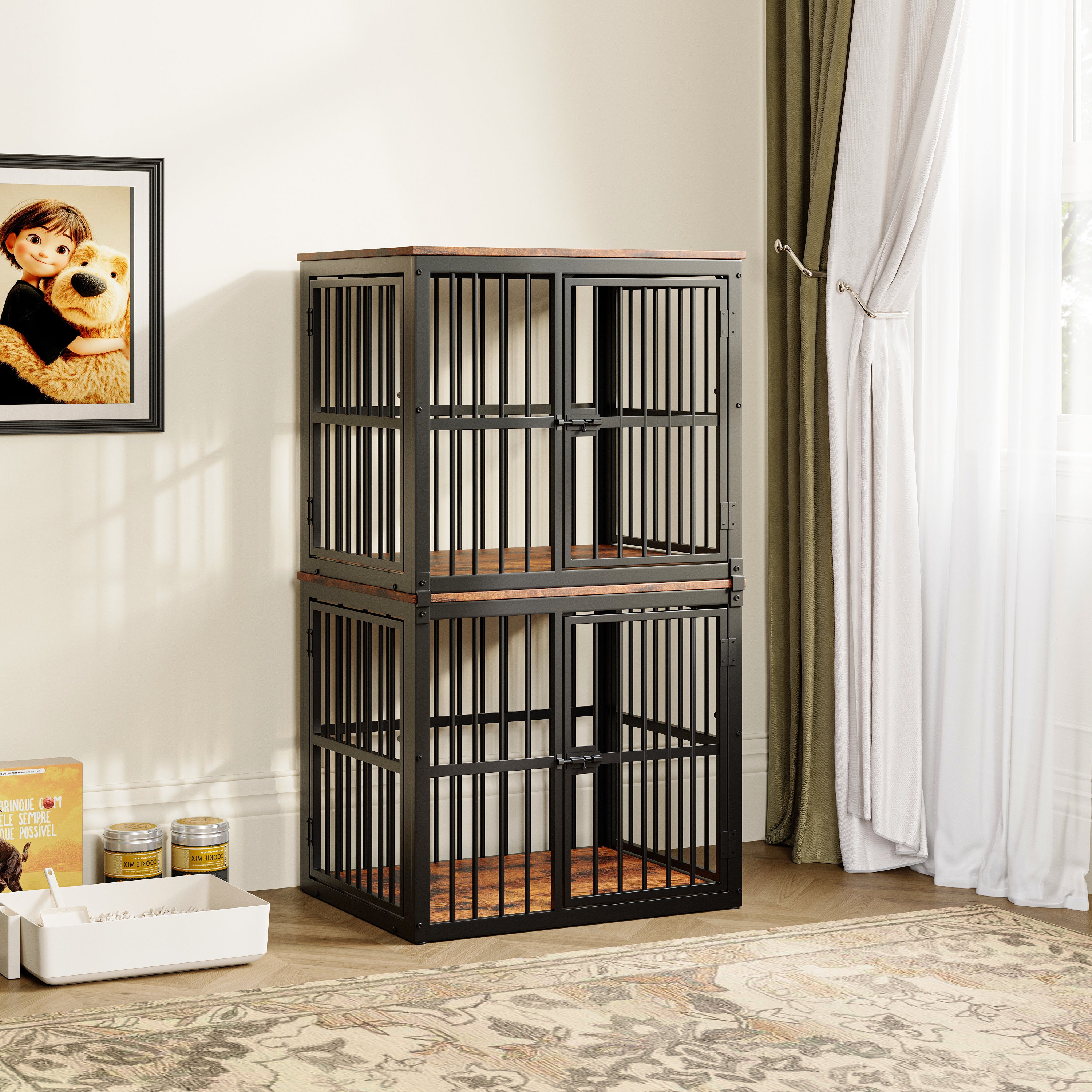Modular Dog Crate Furniture 3 Doors Waterproof Top 2-in-1 Side Table Stackable - Retro Brown