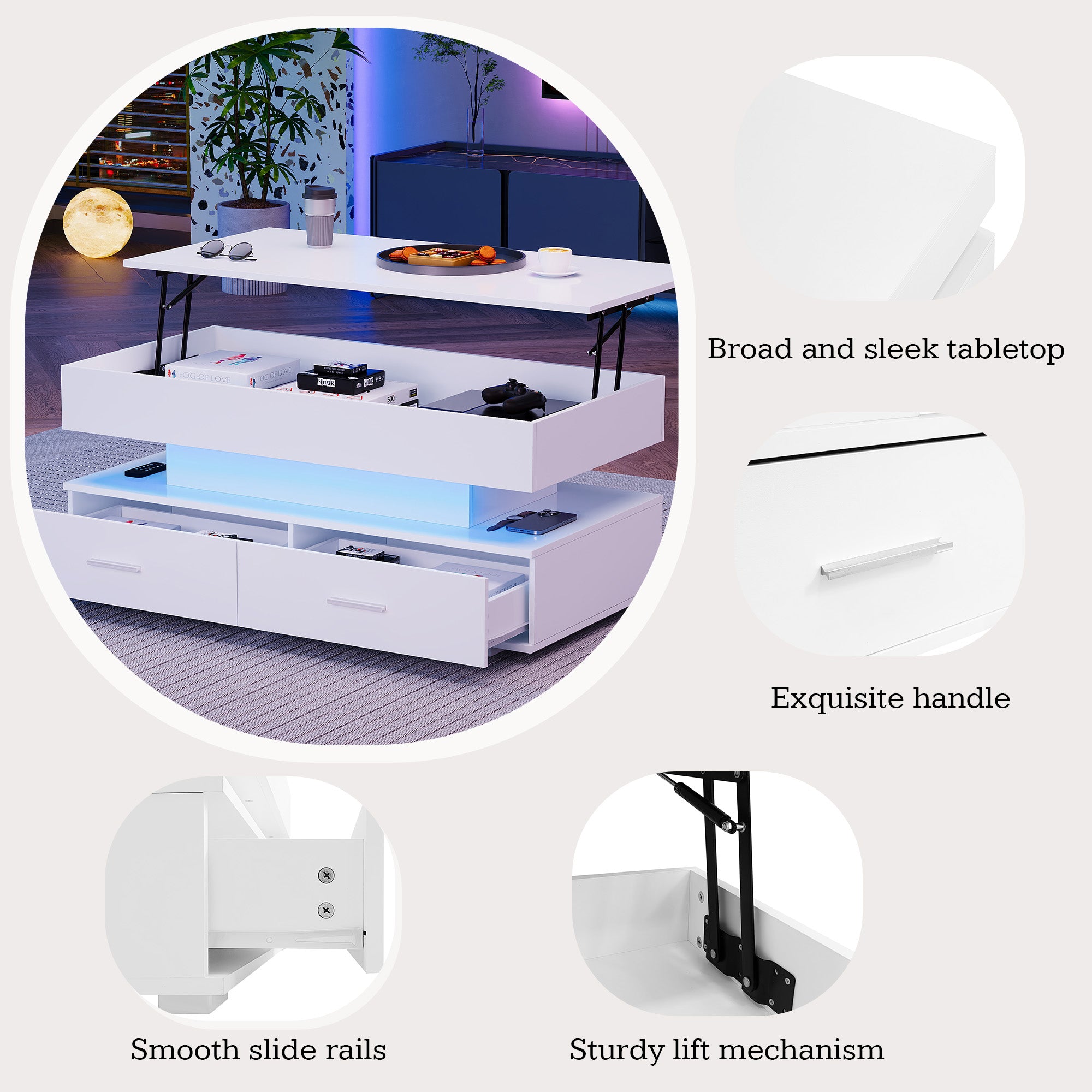 Hydraulic Height-Adjustable Coffee Table, LED Lighting, Bluetooth Control, 2 Drawers, White