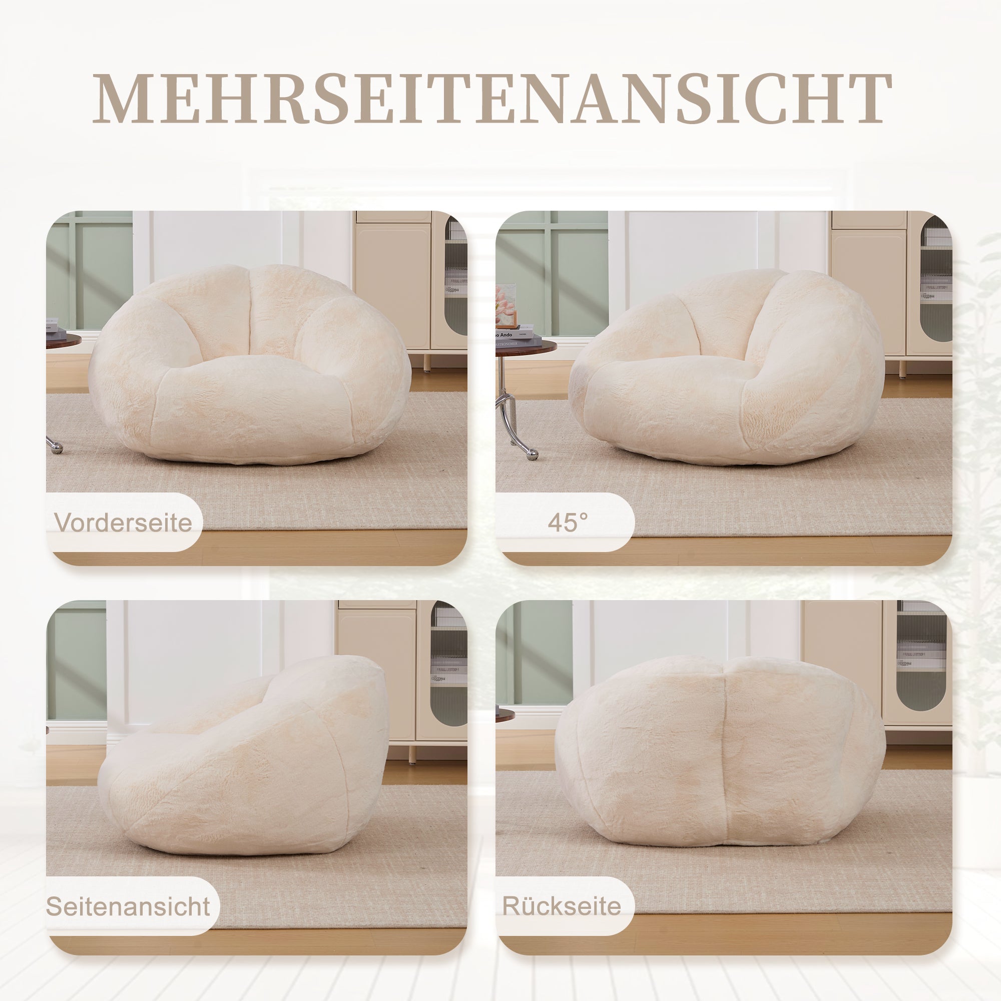 Soft Plush Beanbag Sofa with Non-Slip Base and Memory Foam, White Artificial Rabbit Fur
