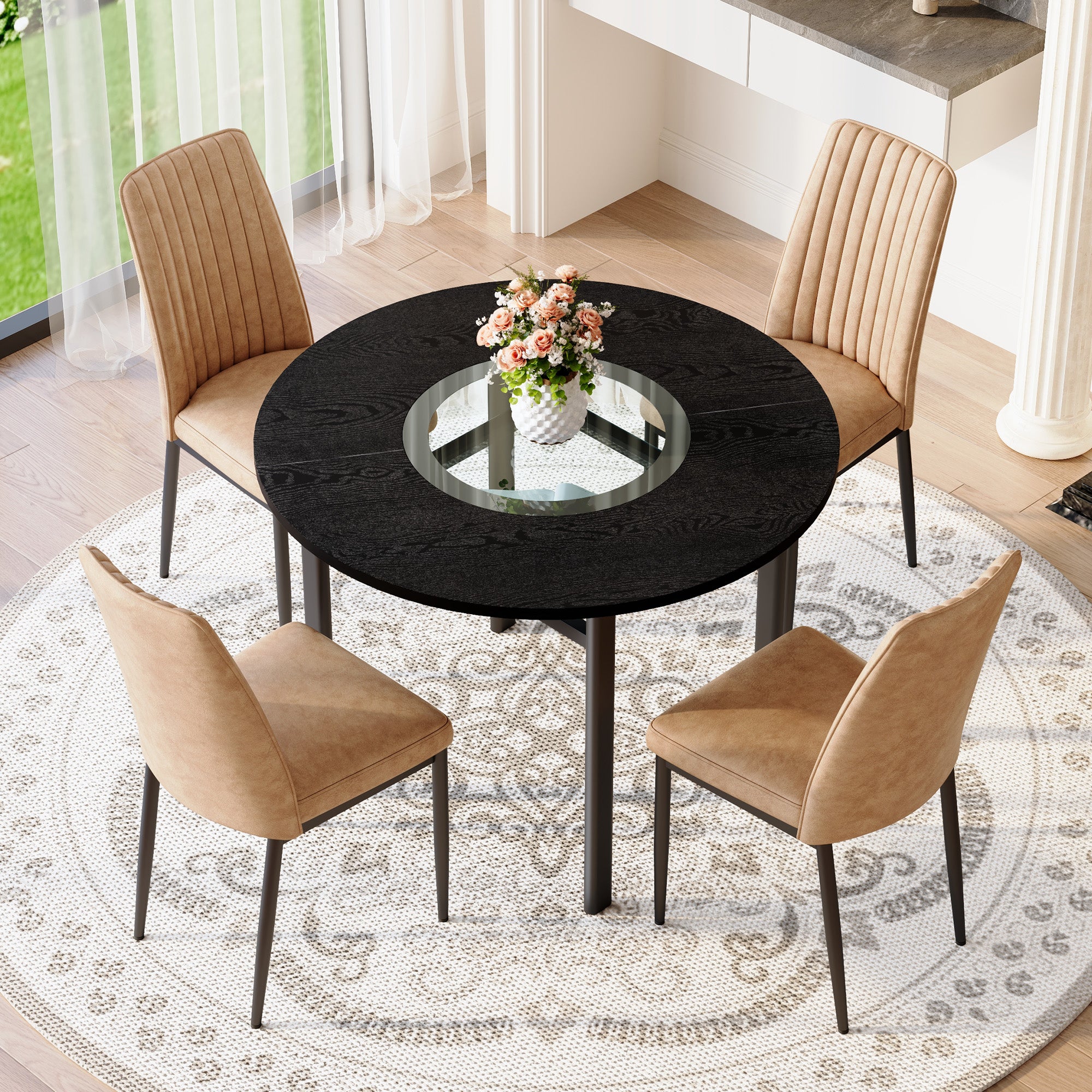 Modern Minimalist Round Table Set with Storage and 4 Dining Chairs, Black Wood Look & Brown Tech Fabric