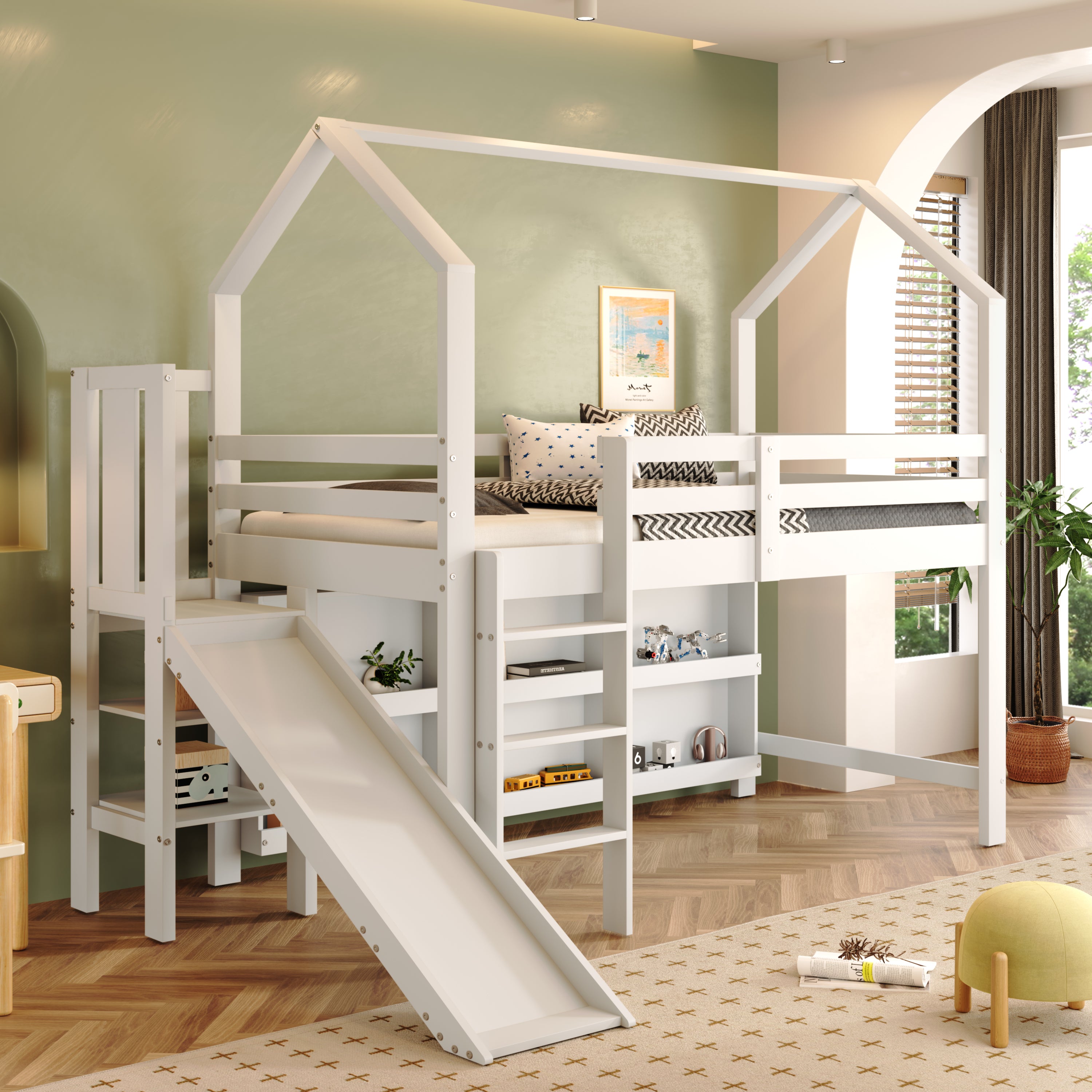 Multifunctional Children's Single Bed with Slide, Stairs and Storage, White Solid Wood and MDF