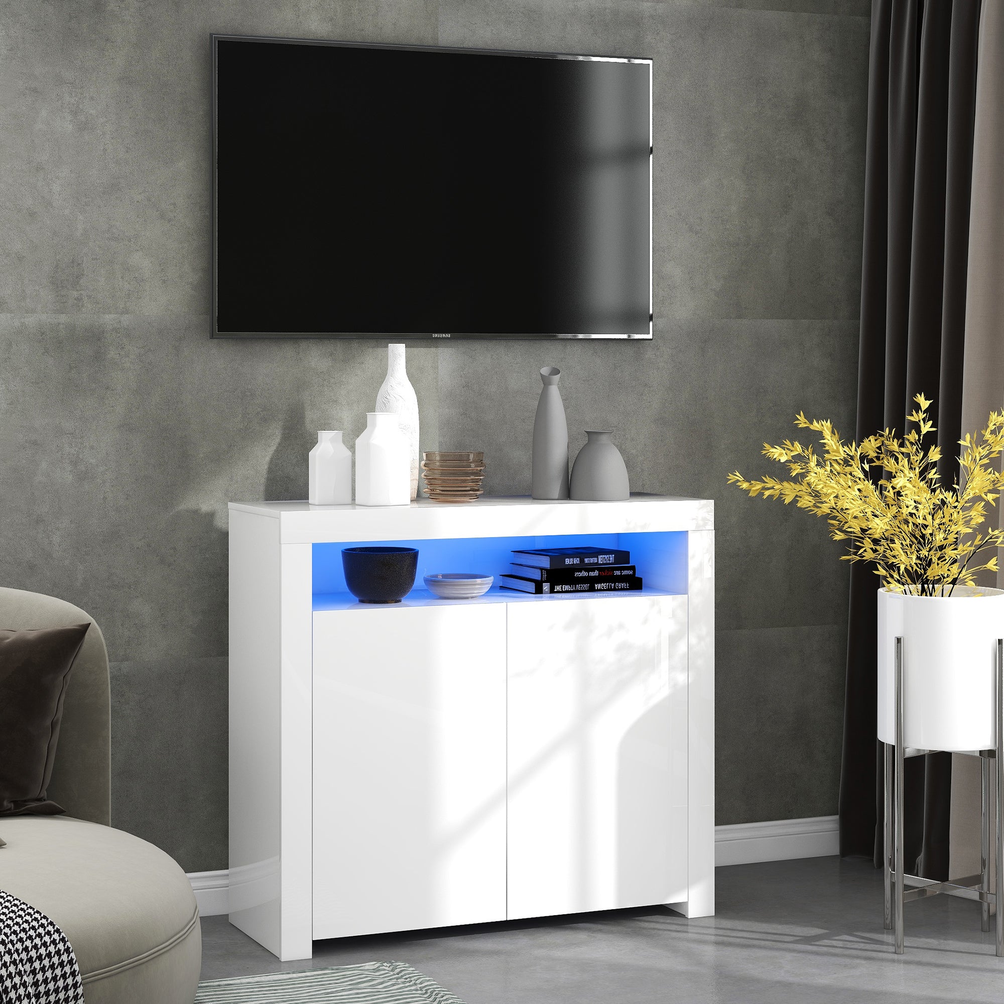 Chest of Drawers Sideboard - High Gloss LED Storage TV Stand - White