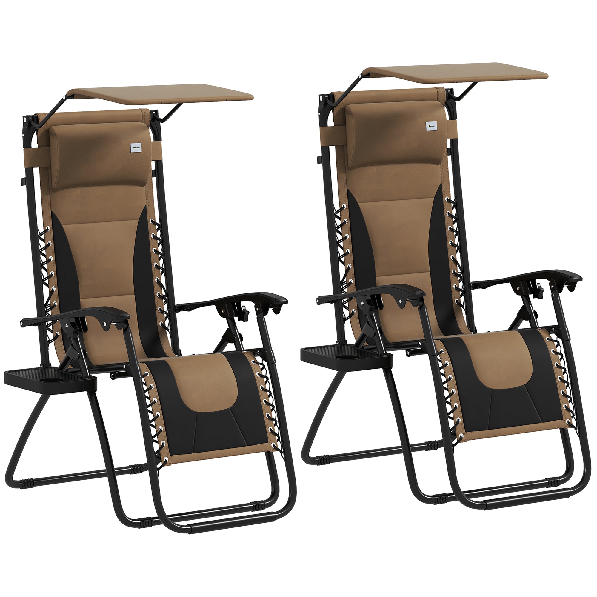 Zero Gravity Lounger Chair Set of 2, Folding Reclining with Shade, Cup Holder, and Cushion, Coffee