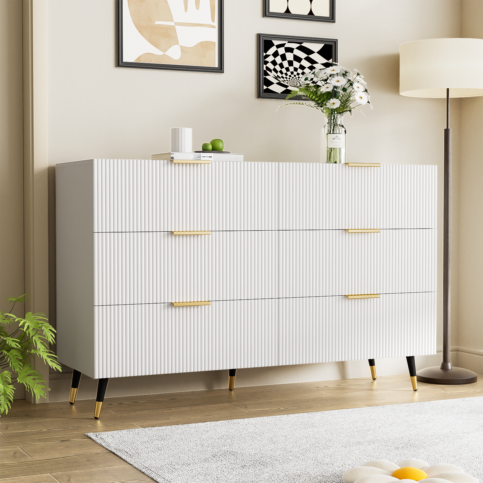 Sideboard, Modern Design Chest of Drawers, Wood, White and Gold