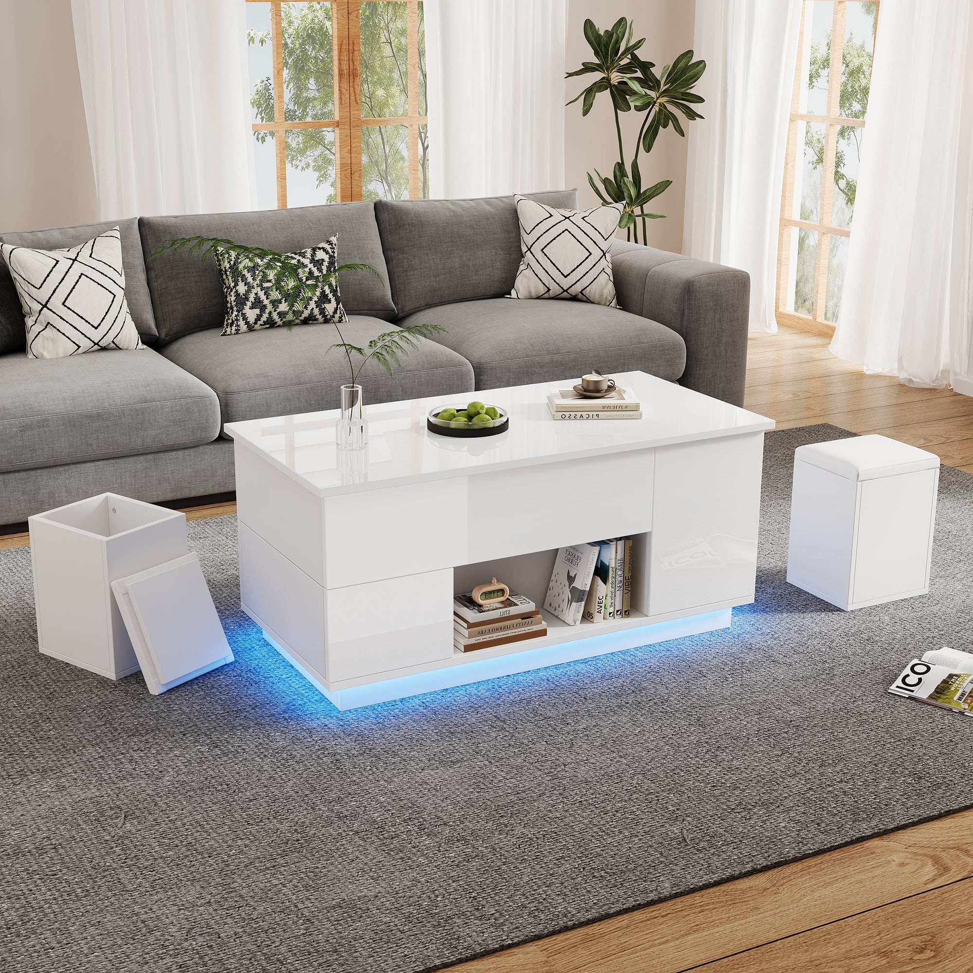 Coffee Table 4-in-1 Height-Adjustable LED 2 Drawers High-Gloss White