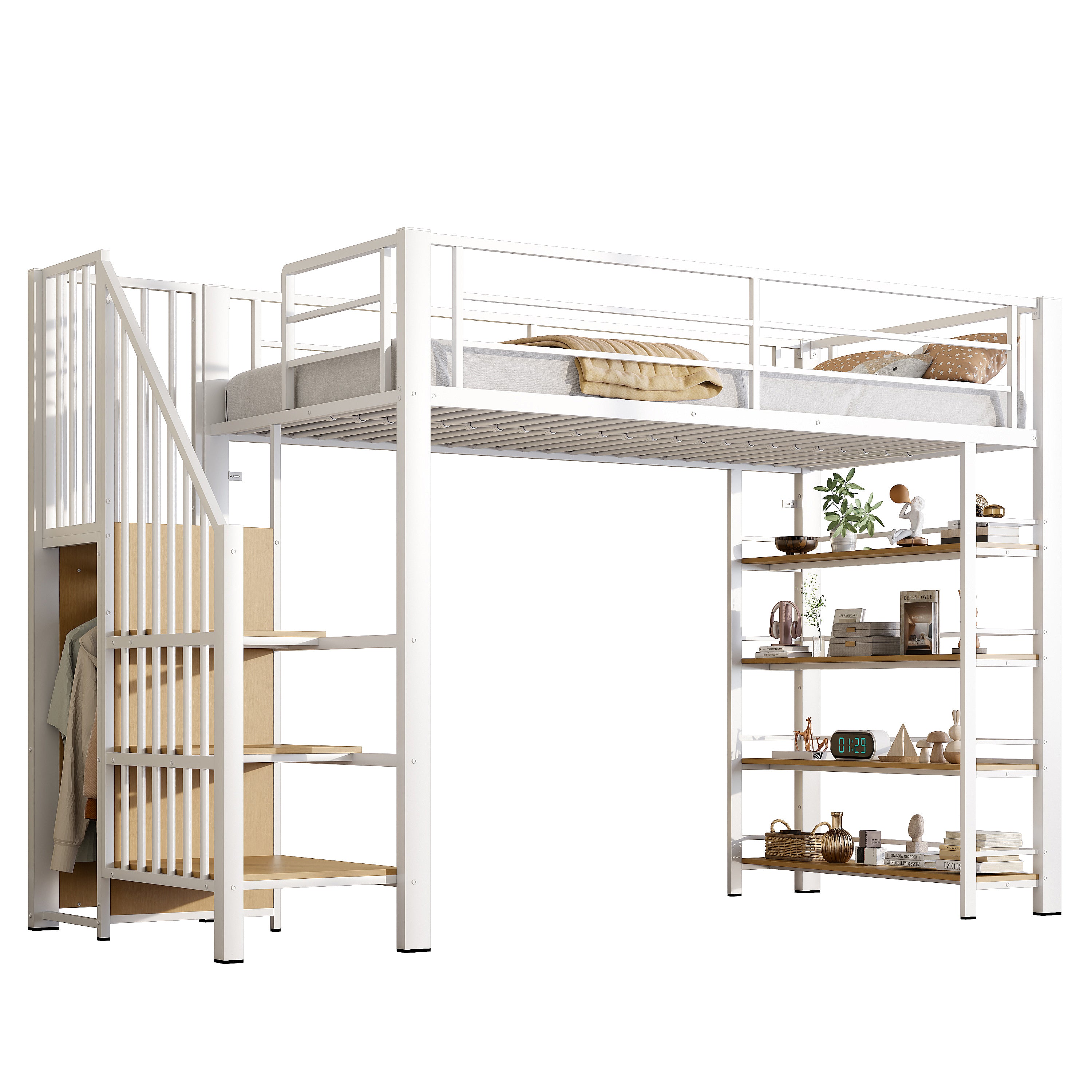Loft Bed 90*200, Safety Stairs, Storage & Wardrobe, White