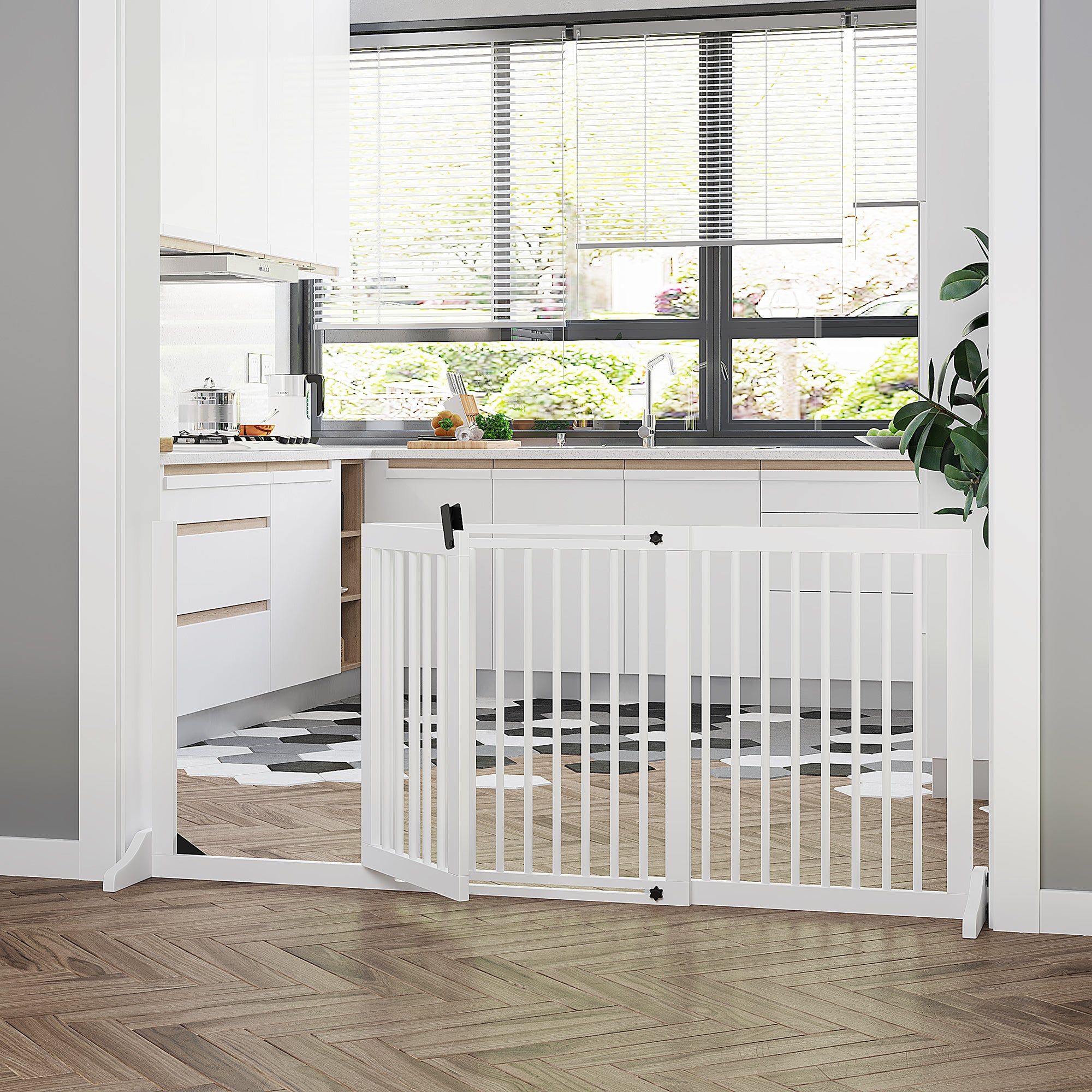 Dog Gate Freestanding Safety Gate with Door, Wooden, White