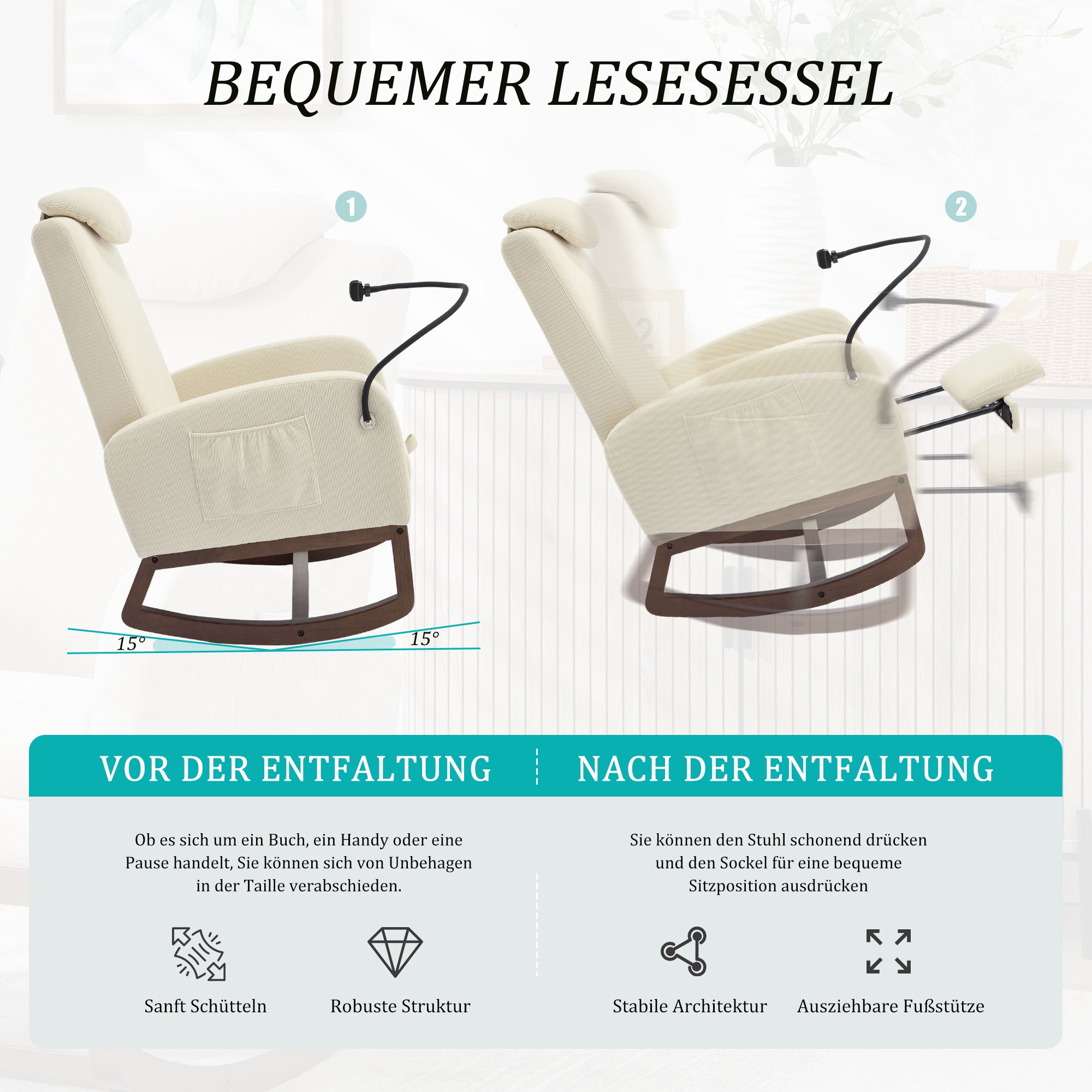 Multifunctional Rocking Chair High Backrest Extendable Footrest Corduroy