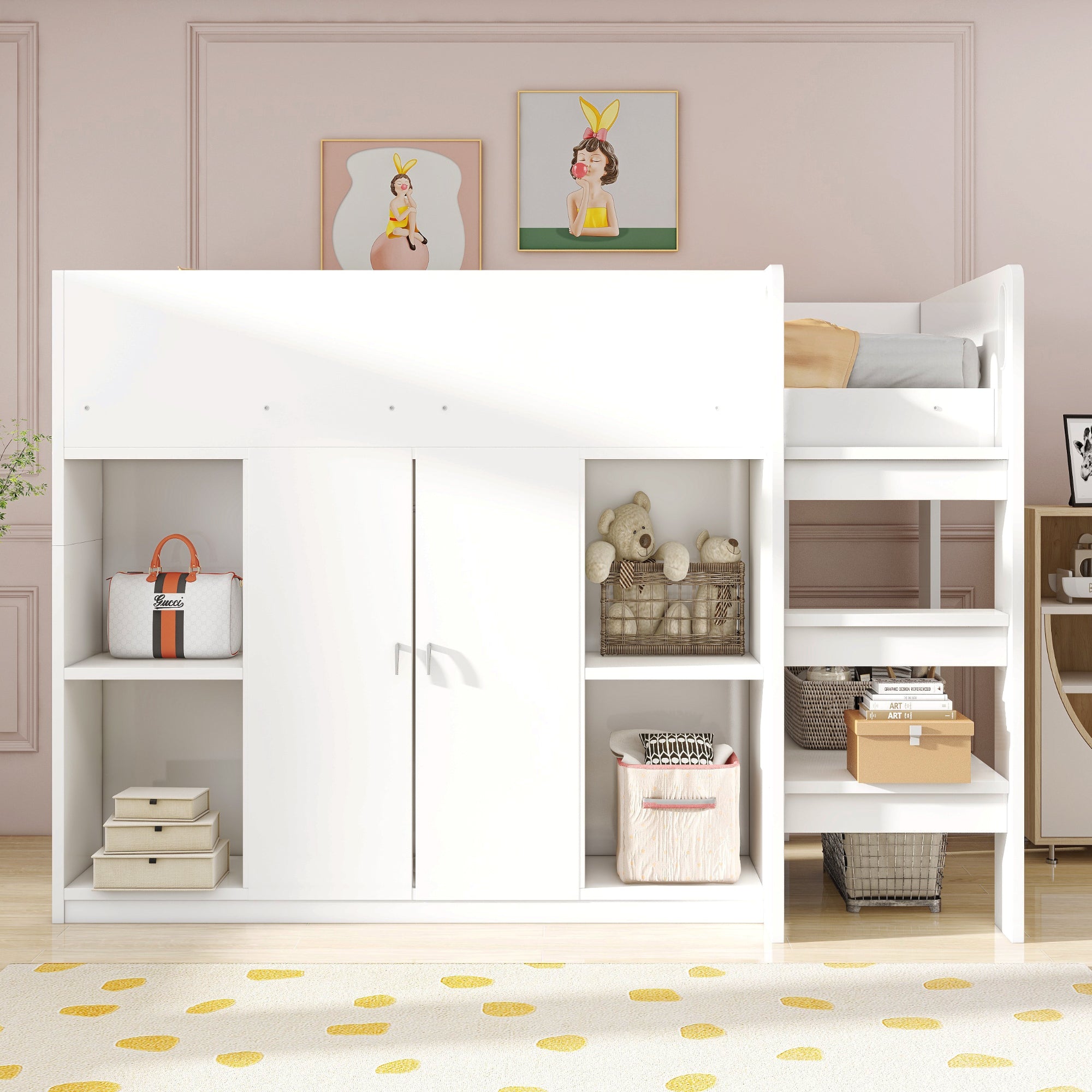 Loft Bed 90*200, Storage, Wardrobe, Shelves, Ladder, White