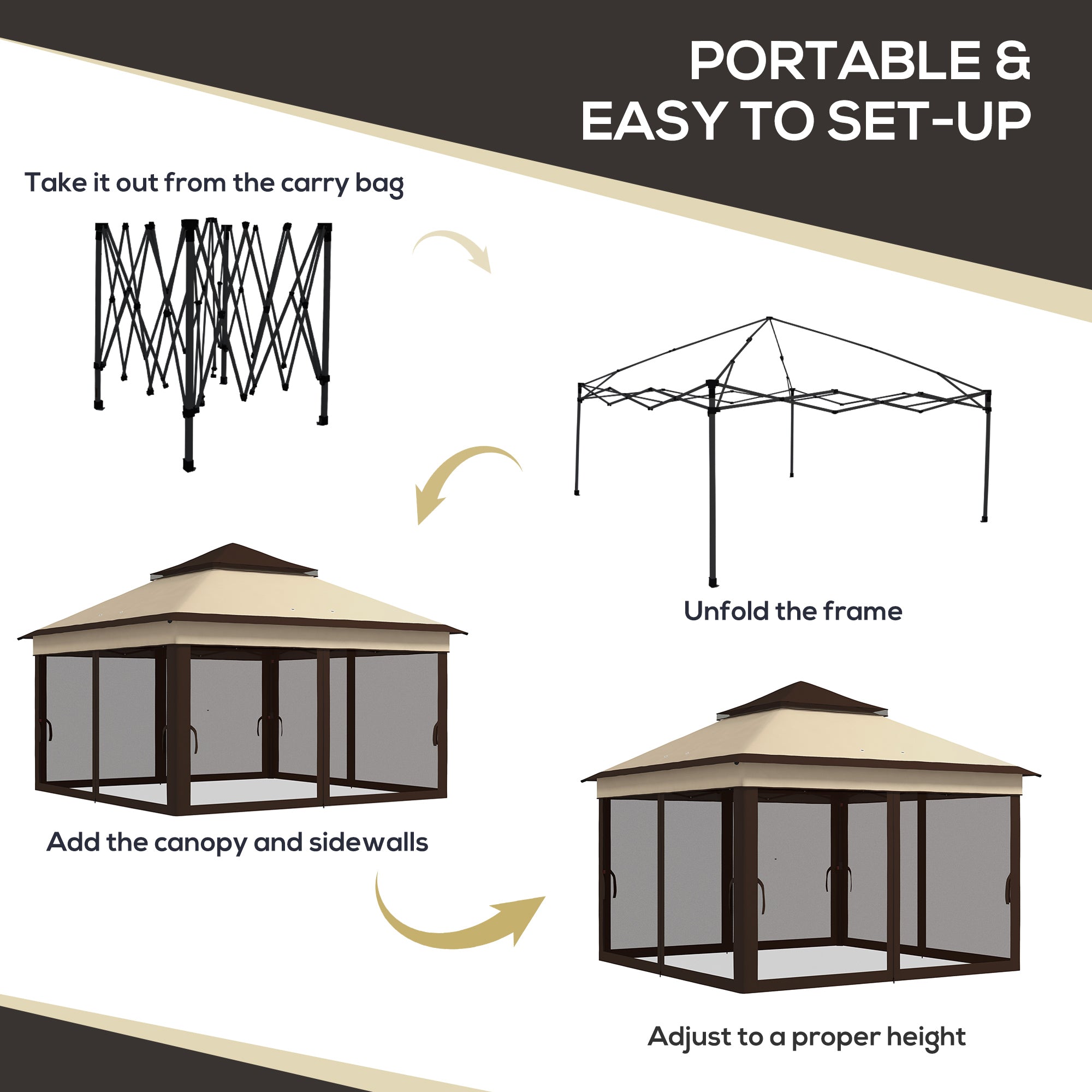 Pop Up Gazebo, 3 x 3m Height Adjustable Event Shelter with Netting and Carrying Bag, Beige