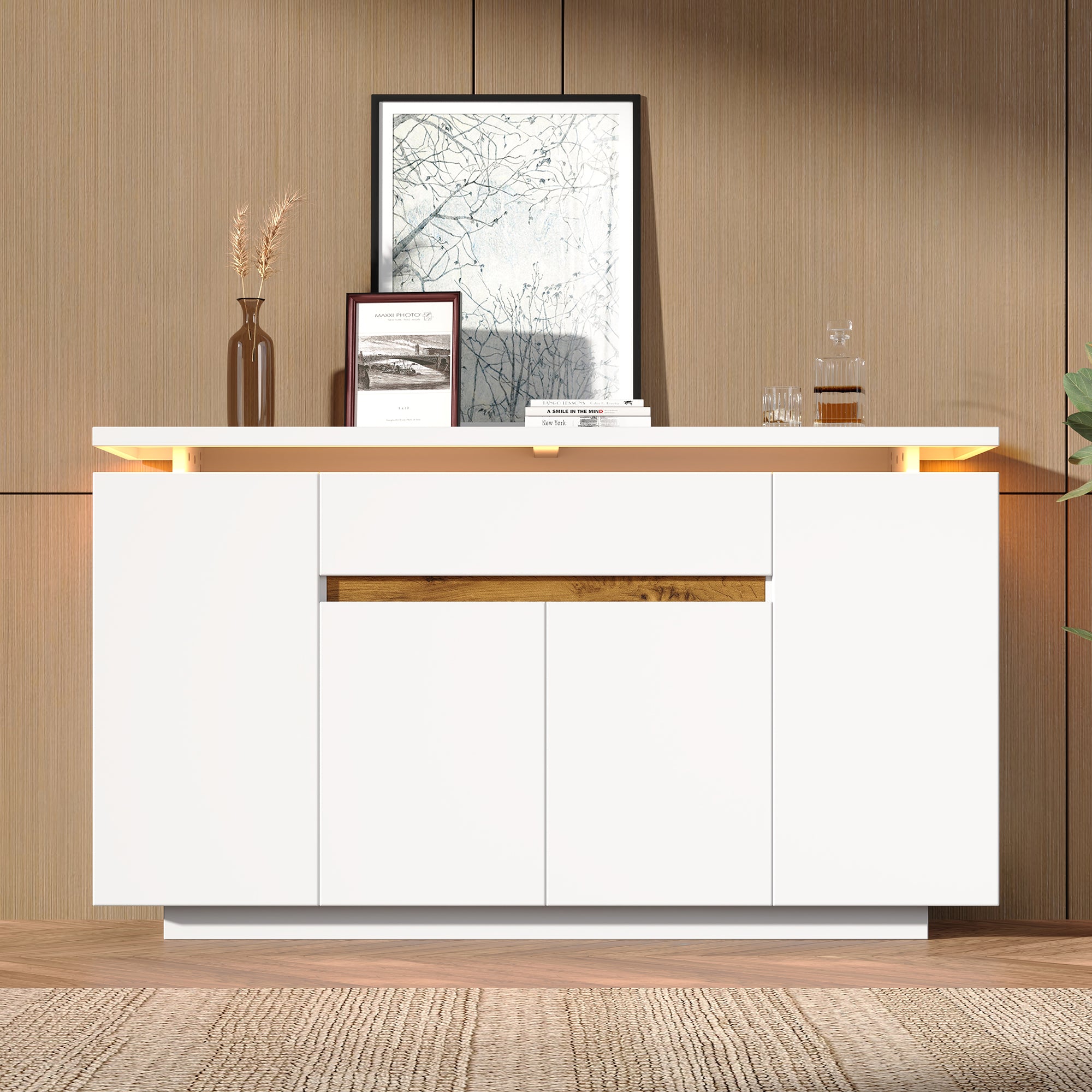 Sideboard Chest of Drawers LED Lighting 1 Drawer 4 Door Storage White