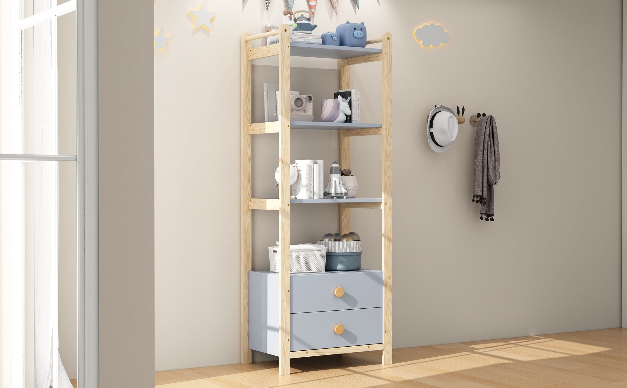 Freestanding Shelf Unit, 2 Drawers 4 Shelves 70x44x180cm, Blue and Natural Wood Pine Frame