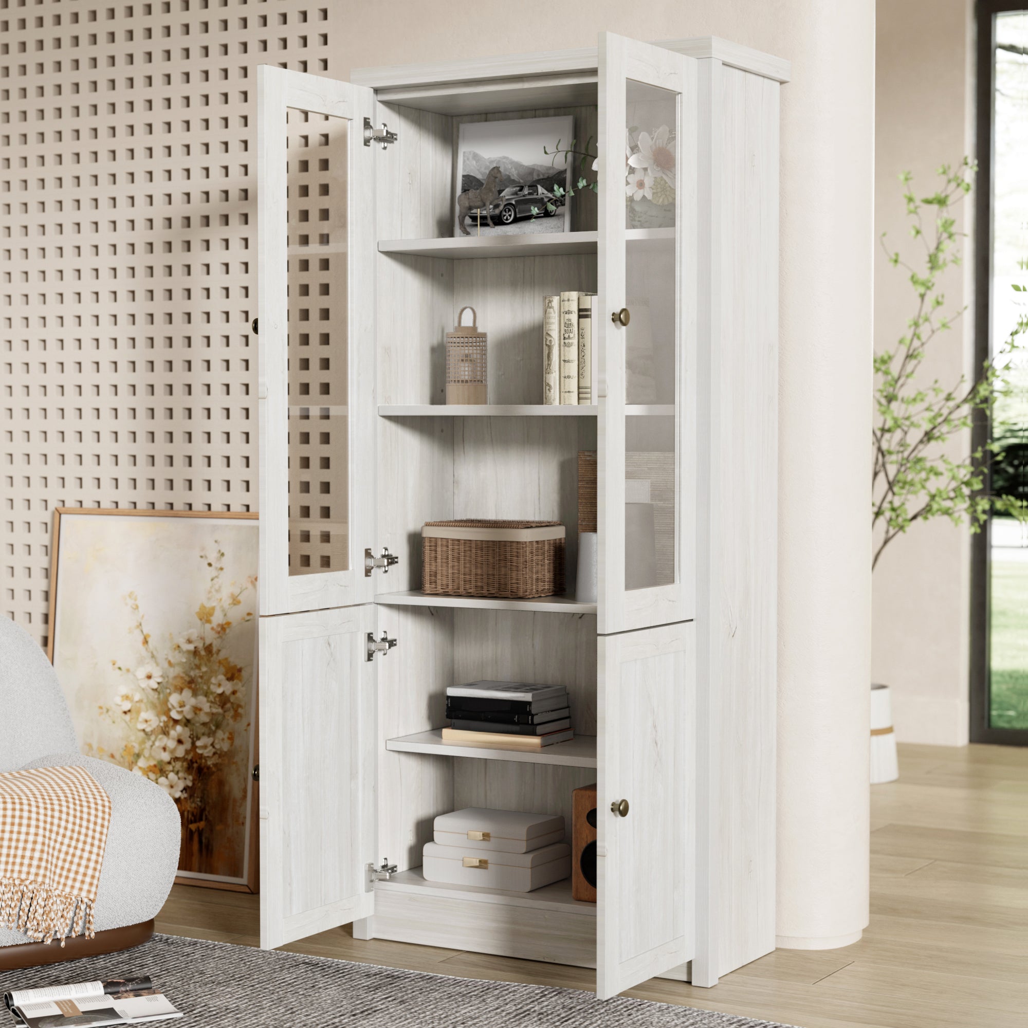 Tall Cabinet, Glass & Wood Doors, Copper Handles, Wood Look