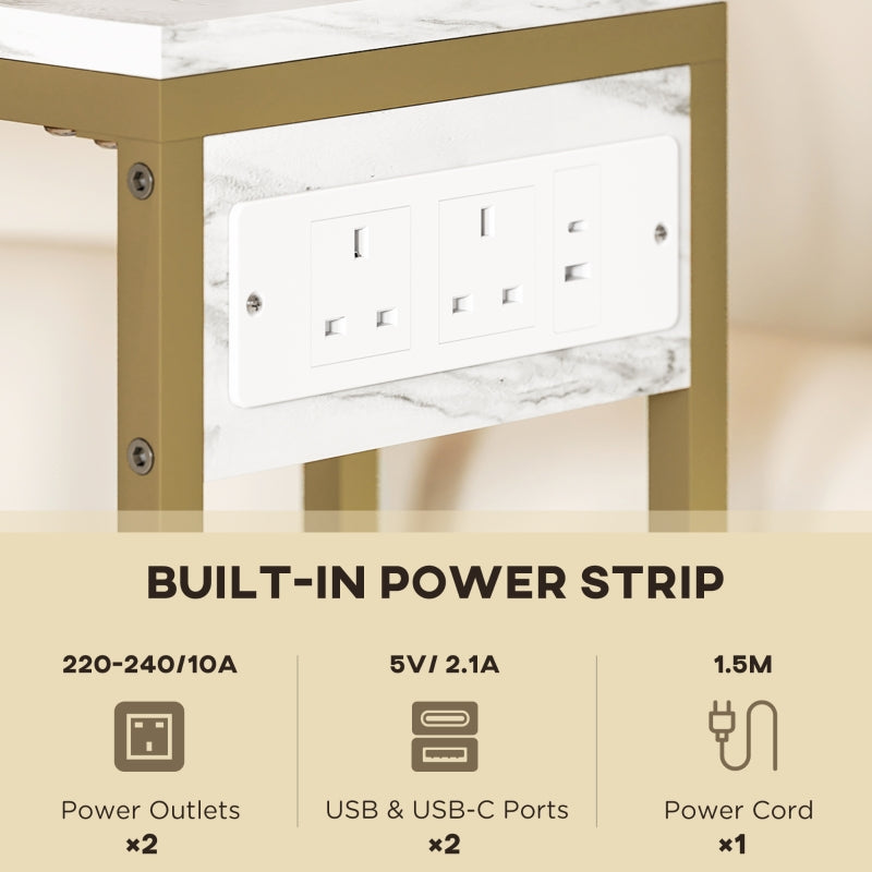 C Shaped Side Table Charging Station, Faux Marble Top - White