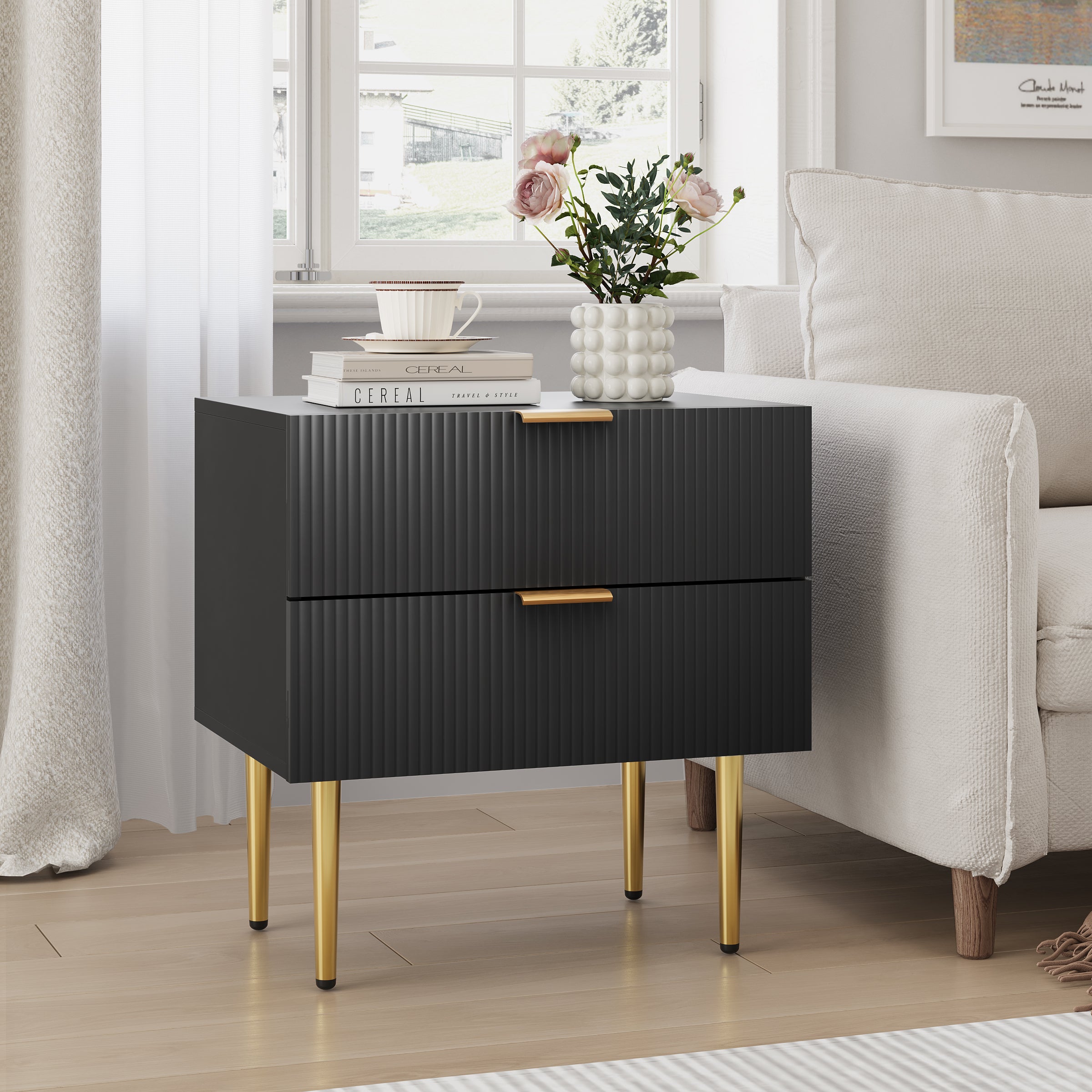 Bedside Table, 2 Drawers, Metal Legs, Black
