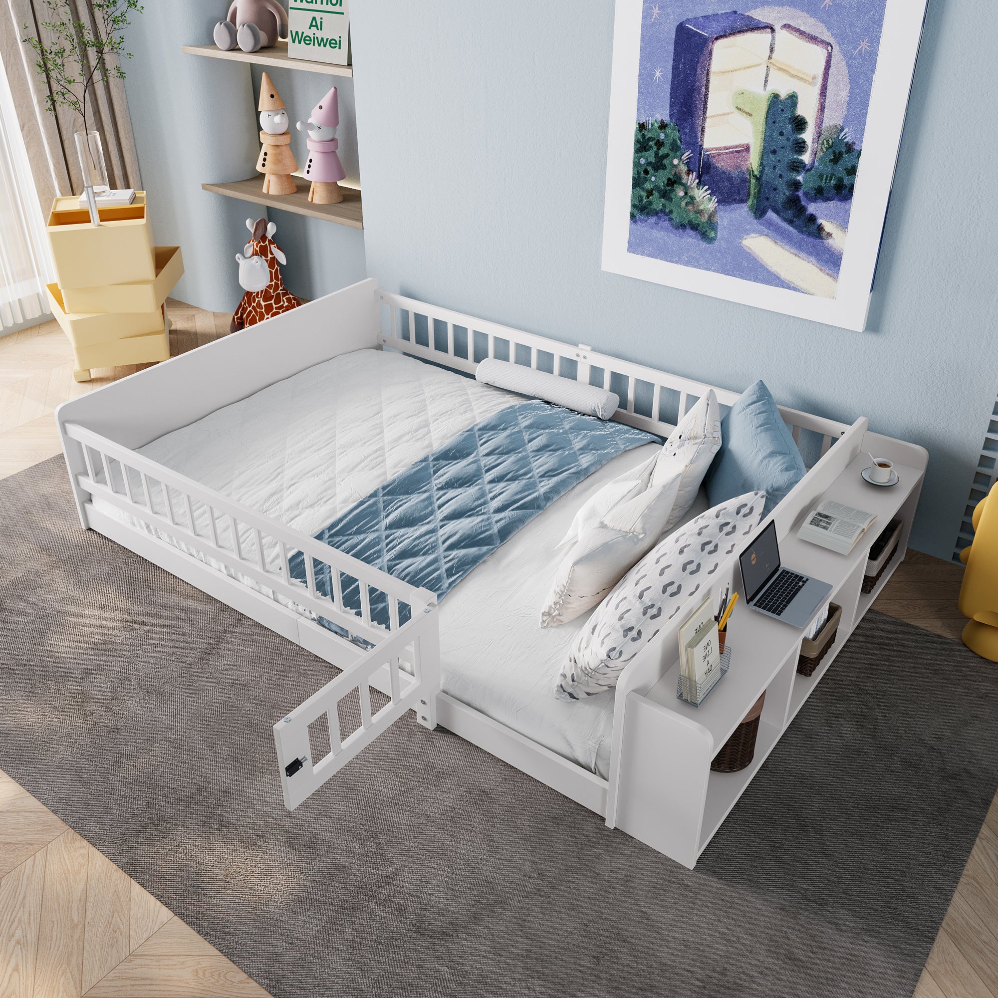 Wooden Bed Children's Storage Bed 140x200cm White Pine Wood