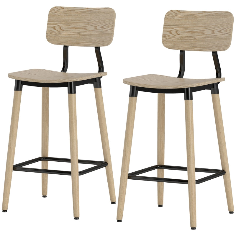 Bar Stools, 2 Counter Stools with Backrest and Footrest, Steel Legs, Natural