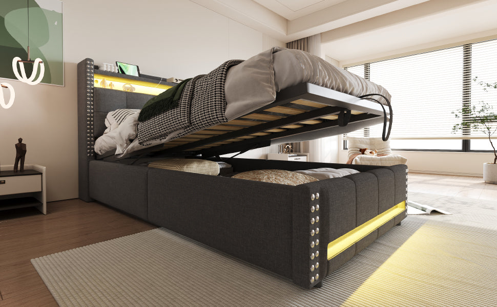 Upholstered Children's Bed 90x200cm, LED & USB, Storage Headboard, Grey Linen