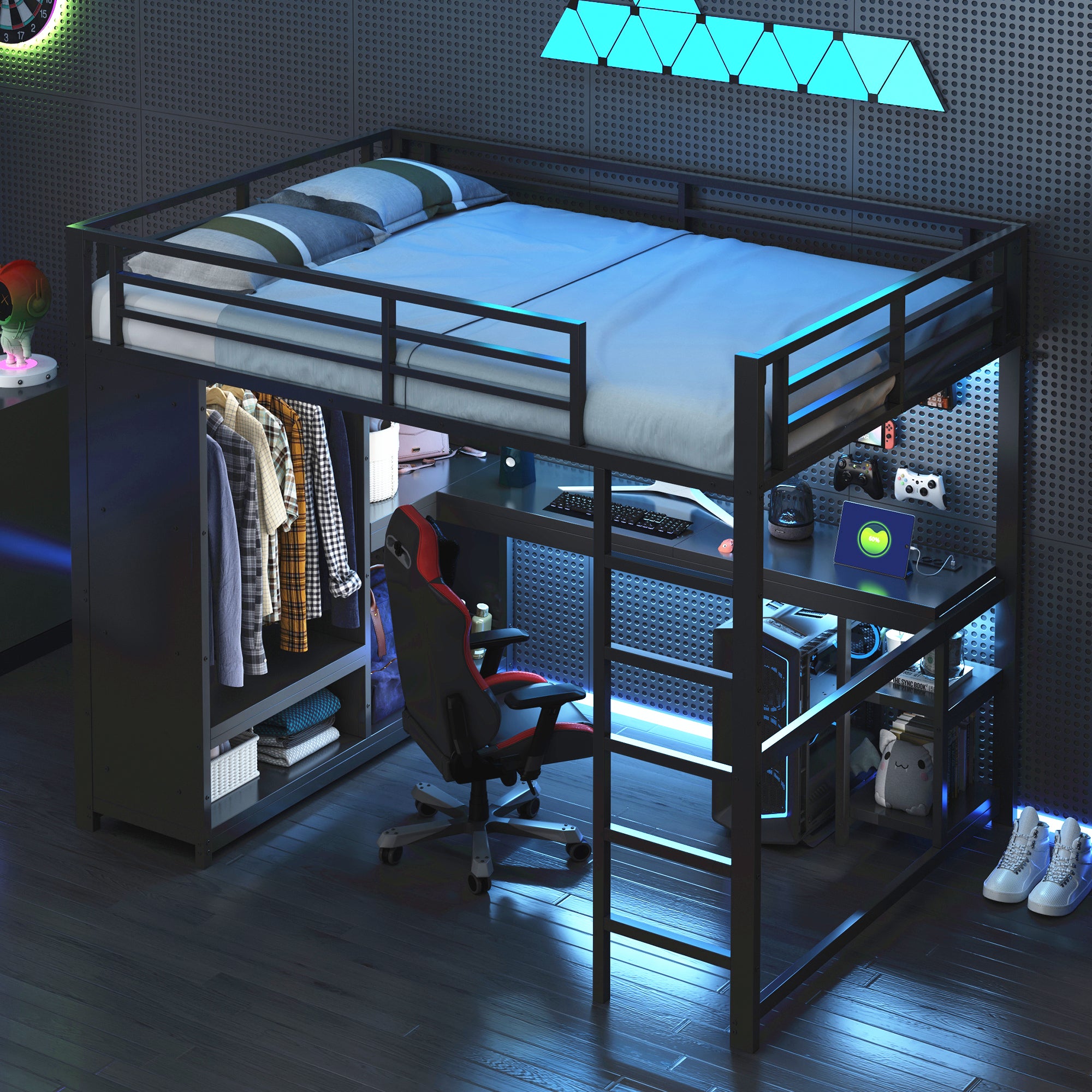 140x200 Gaming Loft Bed with LED, Desk & Storage, Metal Black
