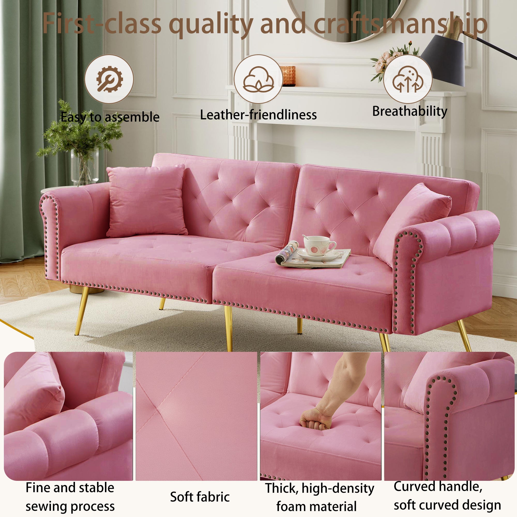 Modern 2-Seater Sofa Bed, Adjustable Backrest, Gold-Plated Metal Feet, Velvet