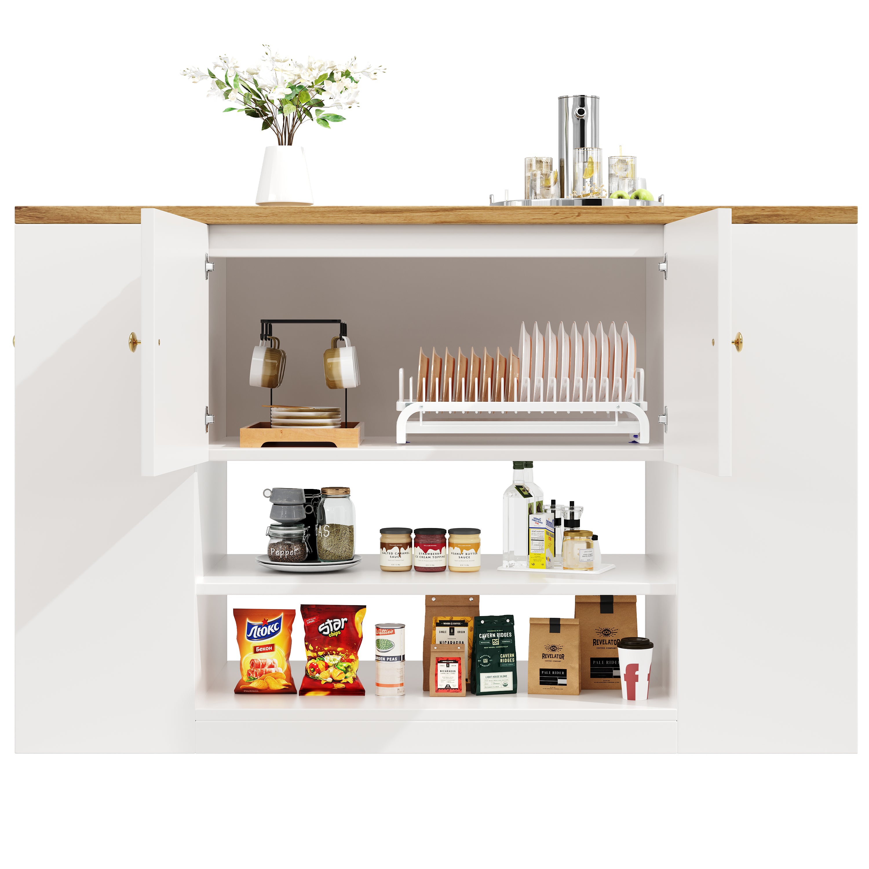 Modern Kitchen Island Sideboard with Drawers and Shelves - White