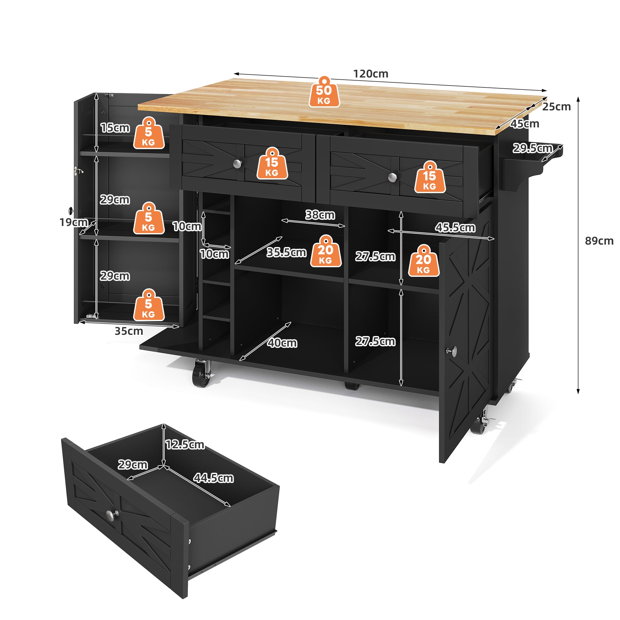 Kitchen Island Mobile Folding Worktop Wine Rack Storage - Black