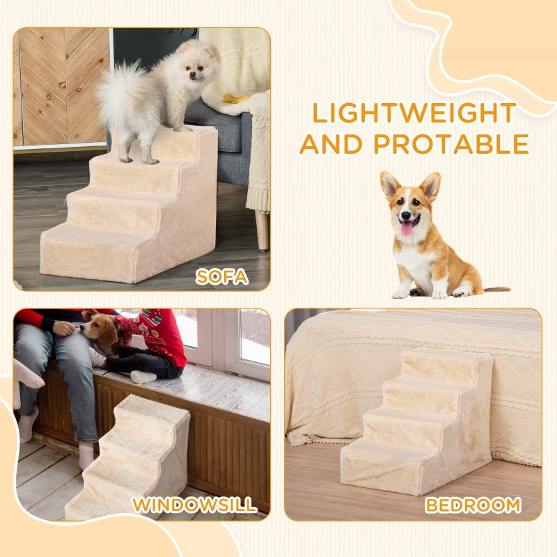 Four-Step Dog Stairs, Washable Plush Cover, Beige