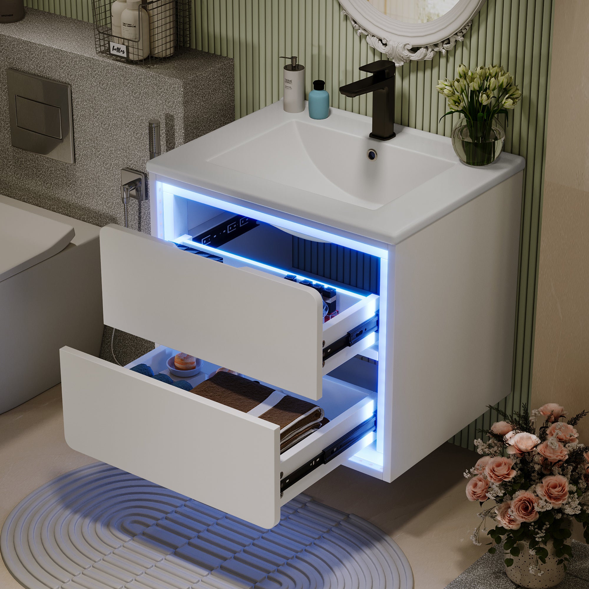 Wall-Mounted Bathroom Vanity Unit with Integrated Sink and LED Radar Sensor Lighting, White