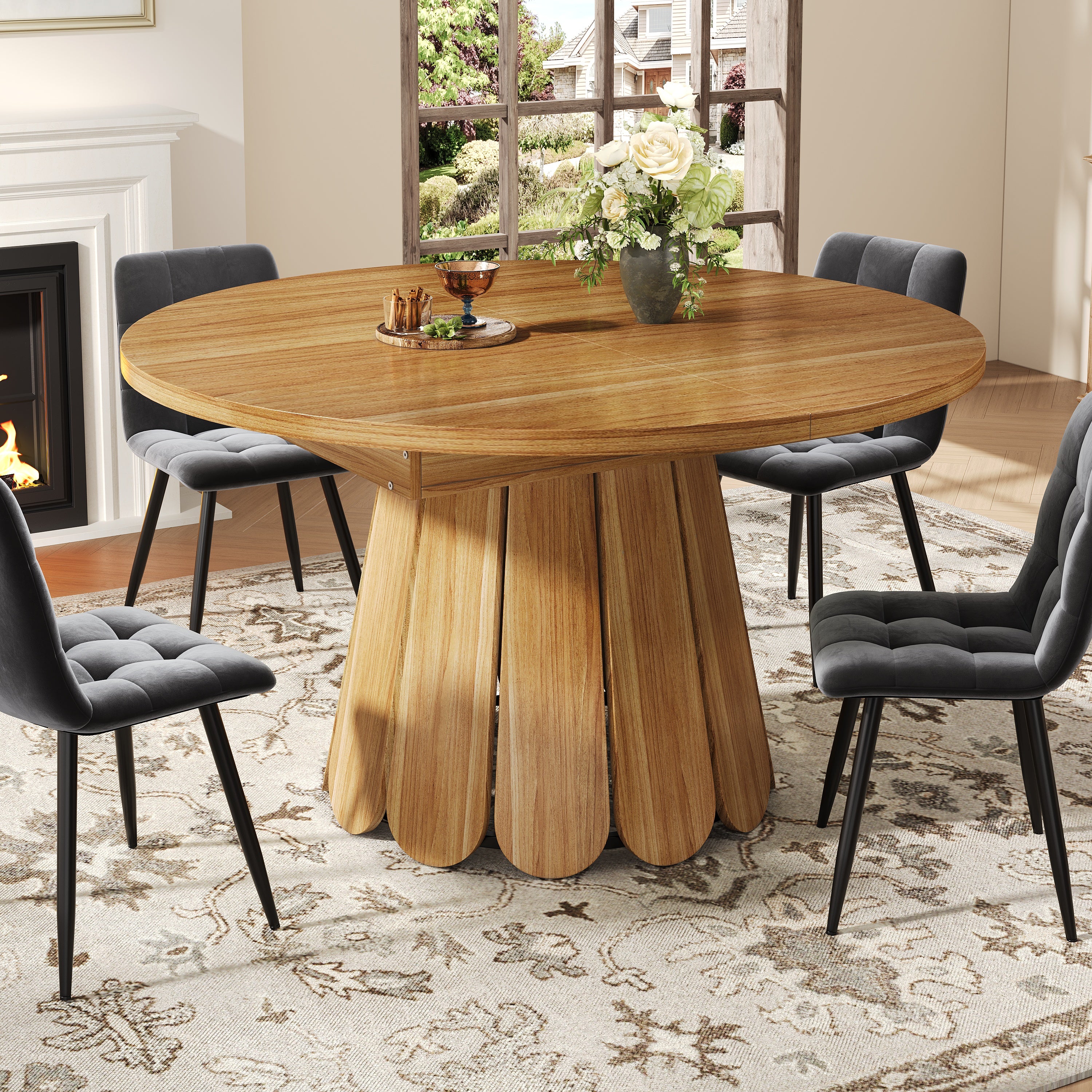 Extendable Round Dining Table 118-158cm 6 Seater - Brown Wood